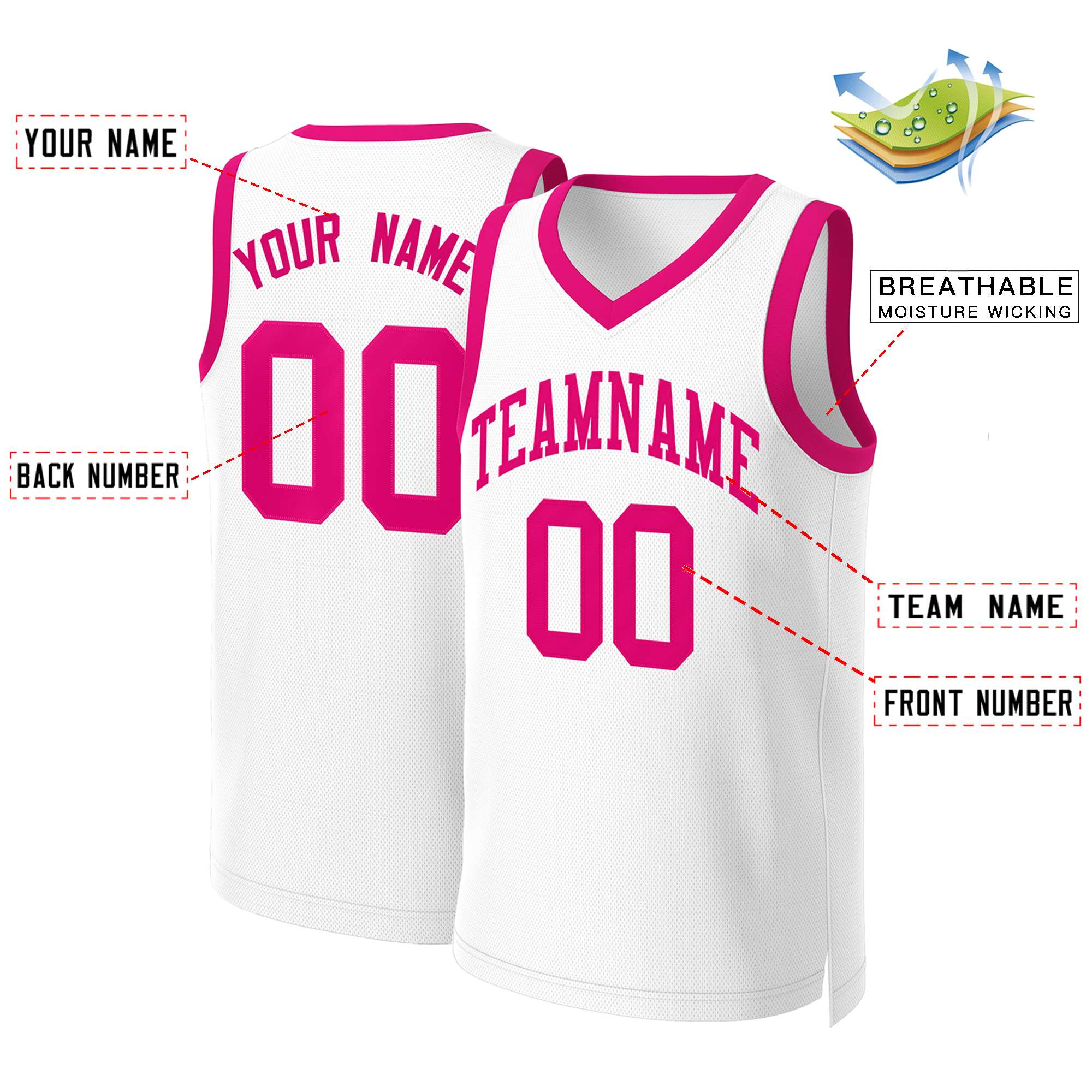 Custom White Pink Classic Tops Basketball Jersey - Image 2