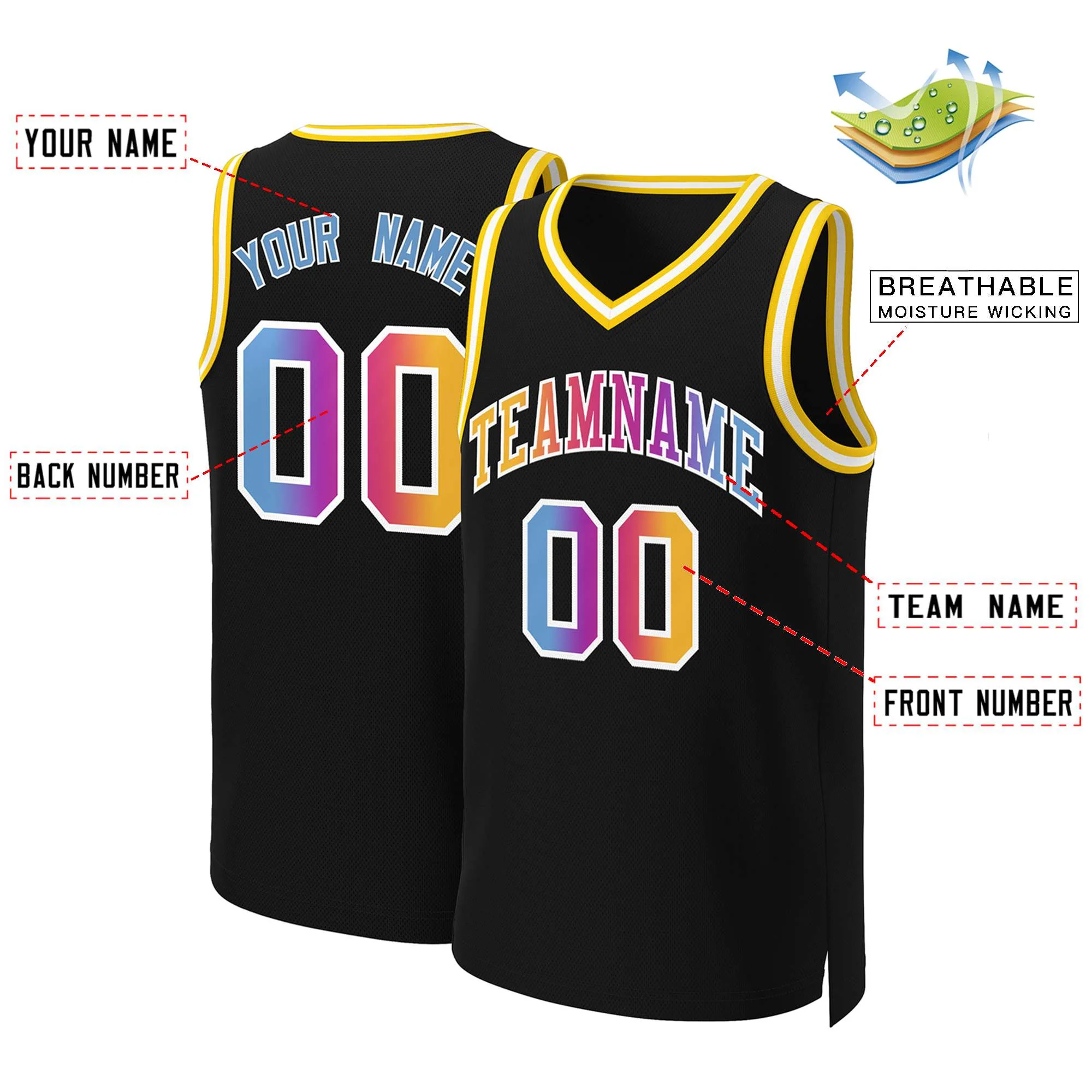 Custom Black Yellow-White Classic Gradient Fashion Tops Basketball Jersey - Image 2