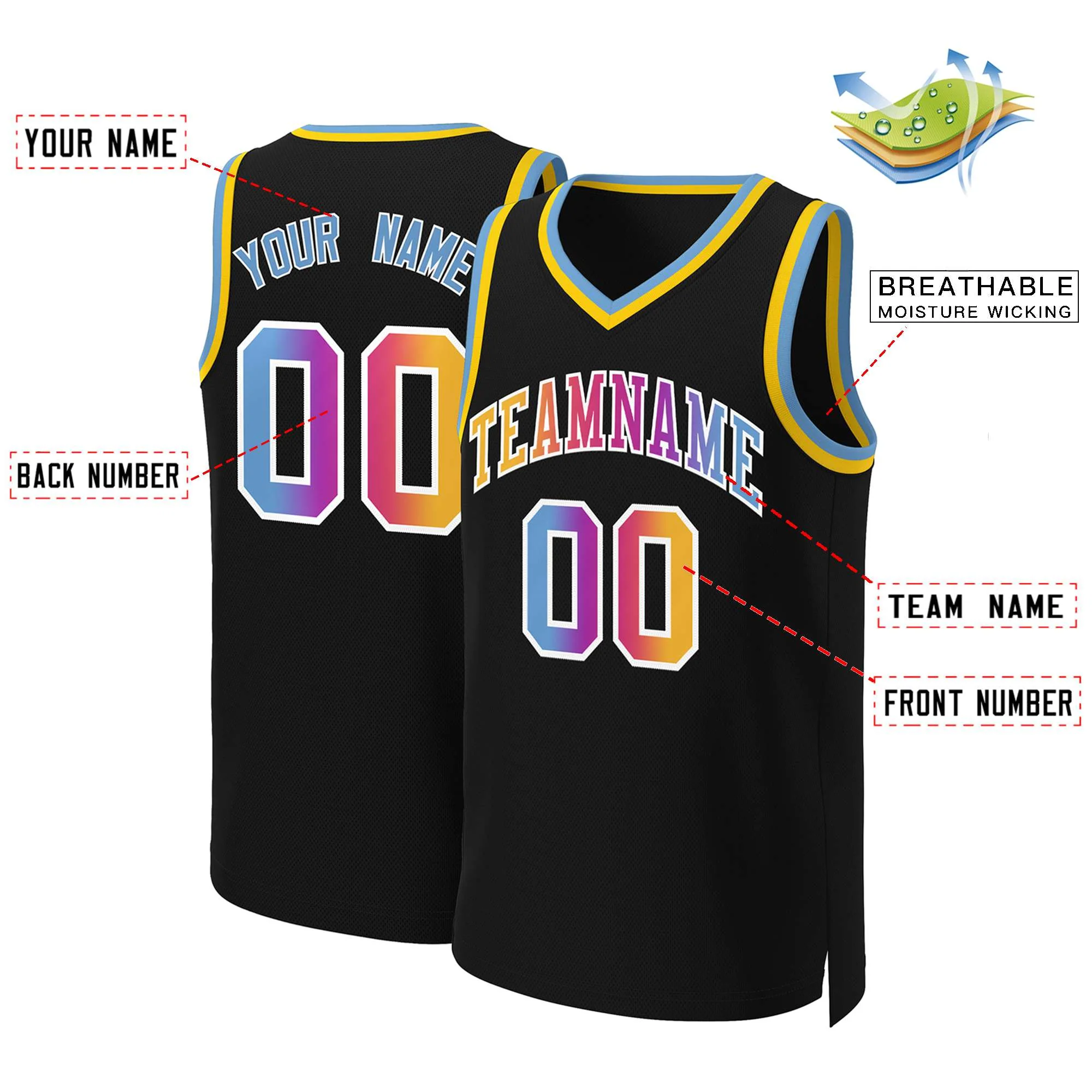 Custom Black Yellow-White Classic Gradient Fashion Tops Basketball Jersey - Image 2