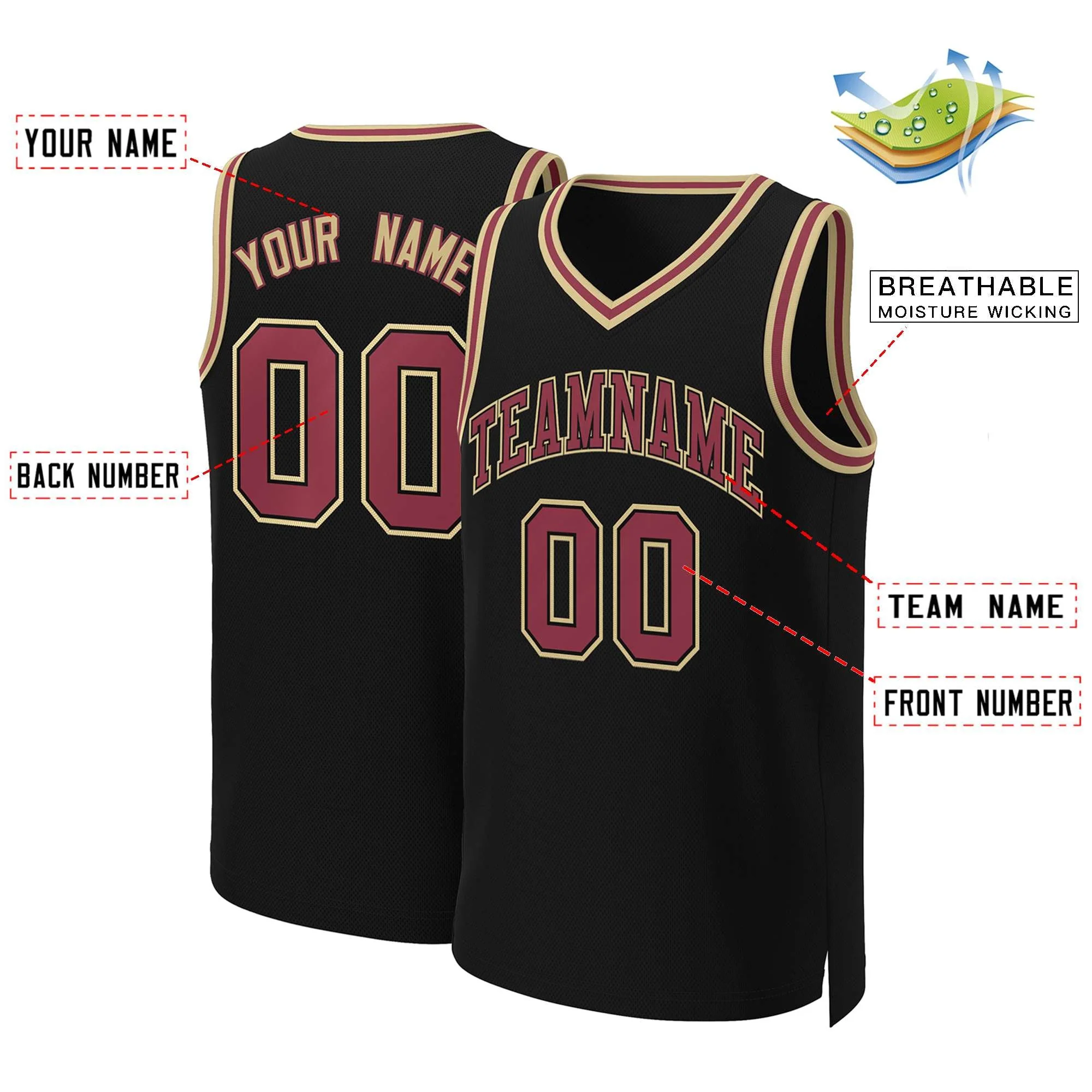 Custom Black Maroon-Black Classic Tops Basketball Jersey - Image 2