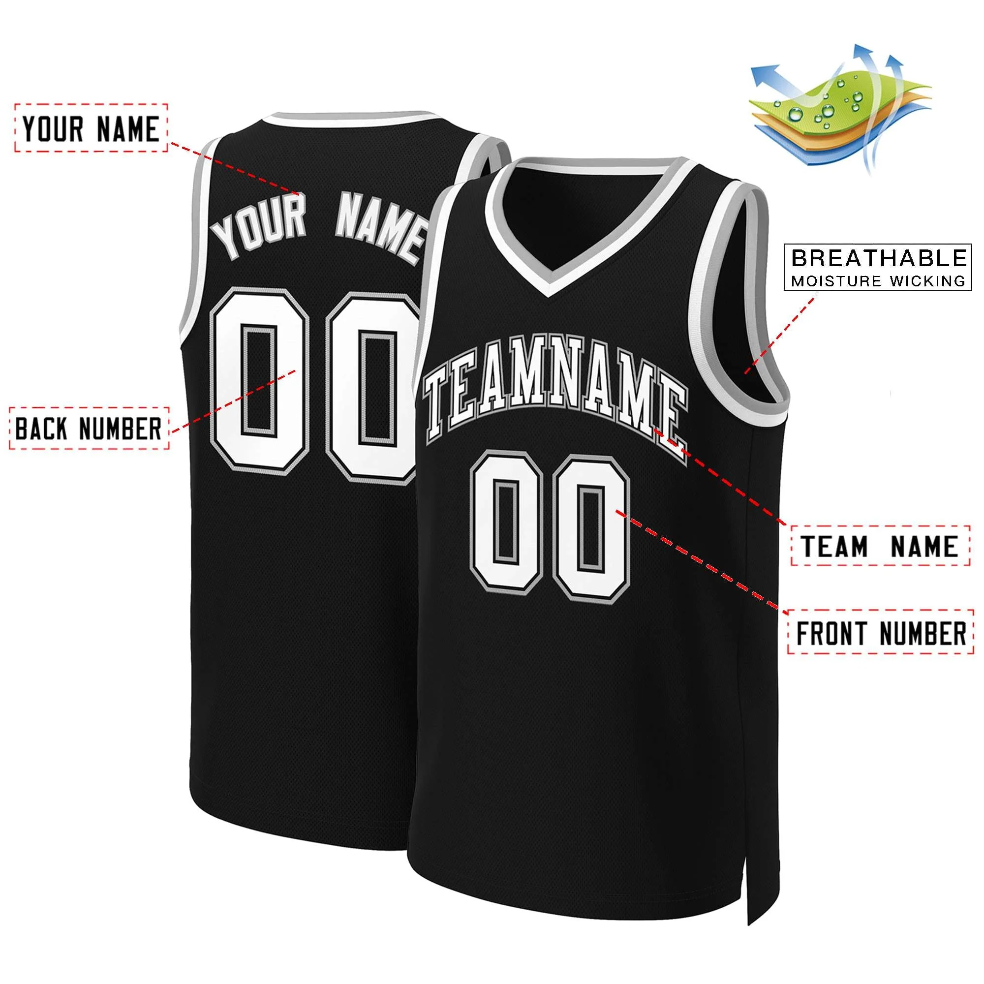 Custom Black White-Black Classic Tops Basketball Jersey - Image 2