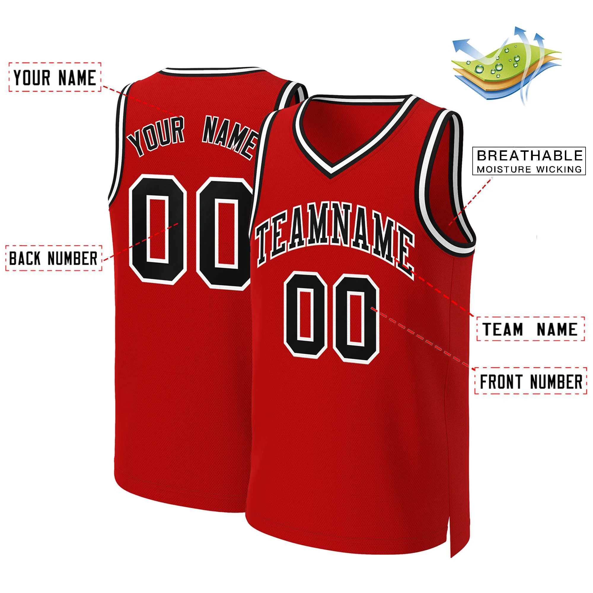 Custom Red Black-White Classic Tops Basketball Jersey - Image 2
