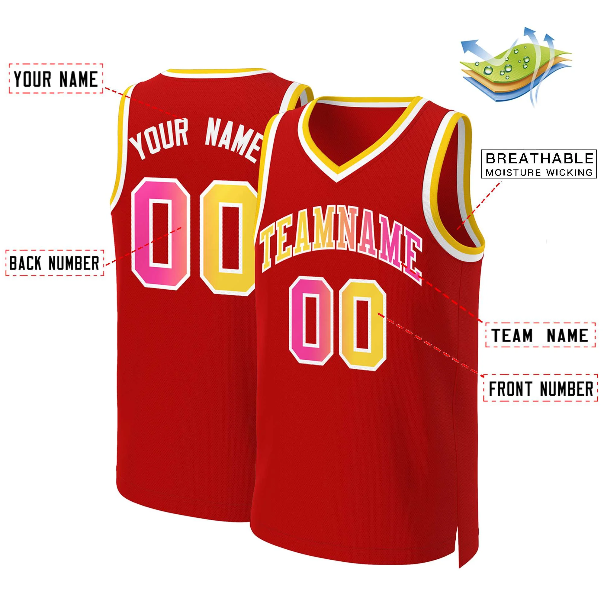 Custom Red Yellow-White Classic Gradient Fashion Tops Basketball Jersey - Image 2
