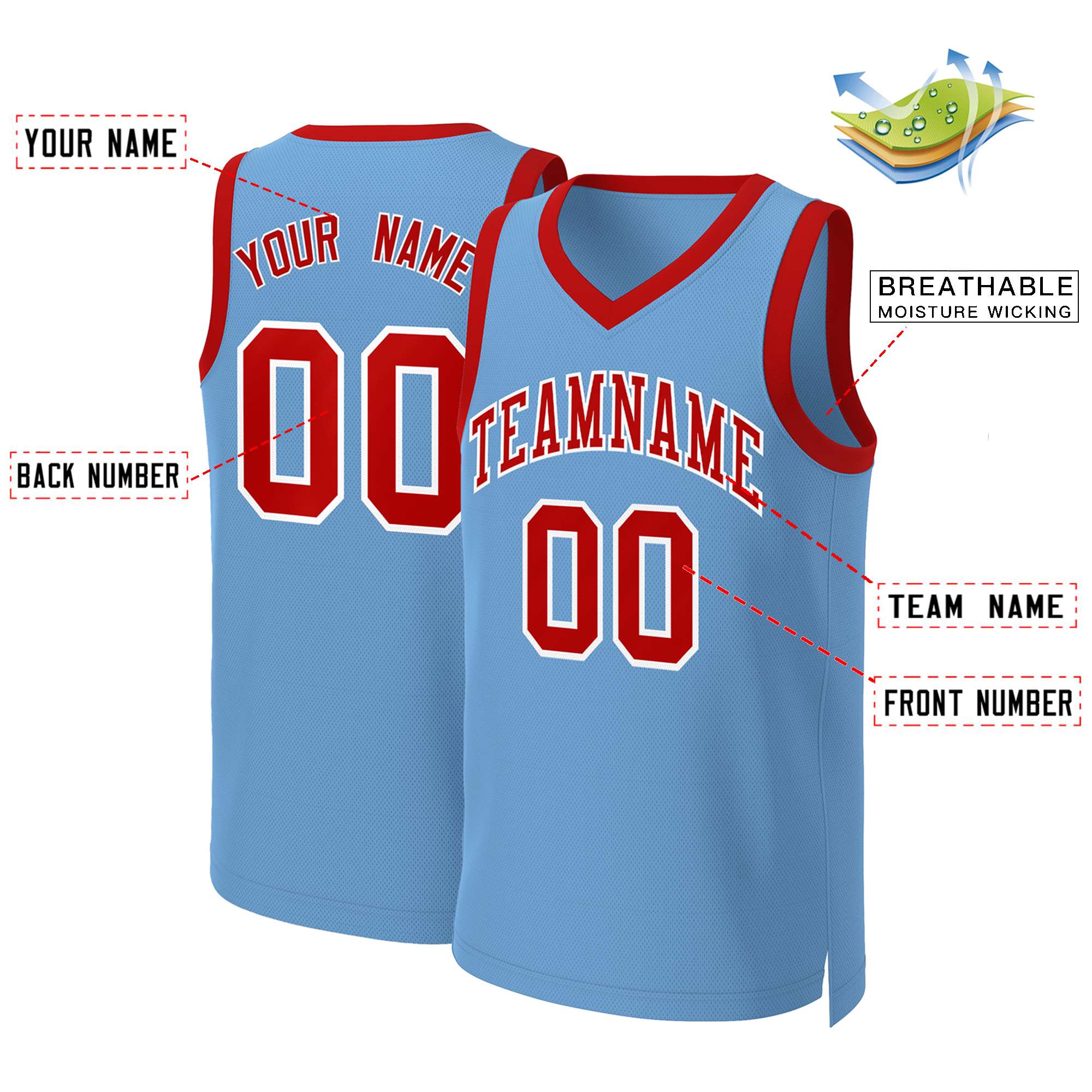 Custom Light Blue Red-White Classic Tops Basketball Jersey - Image 2