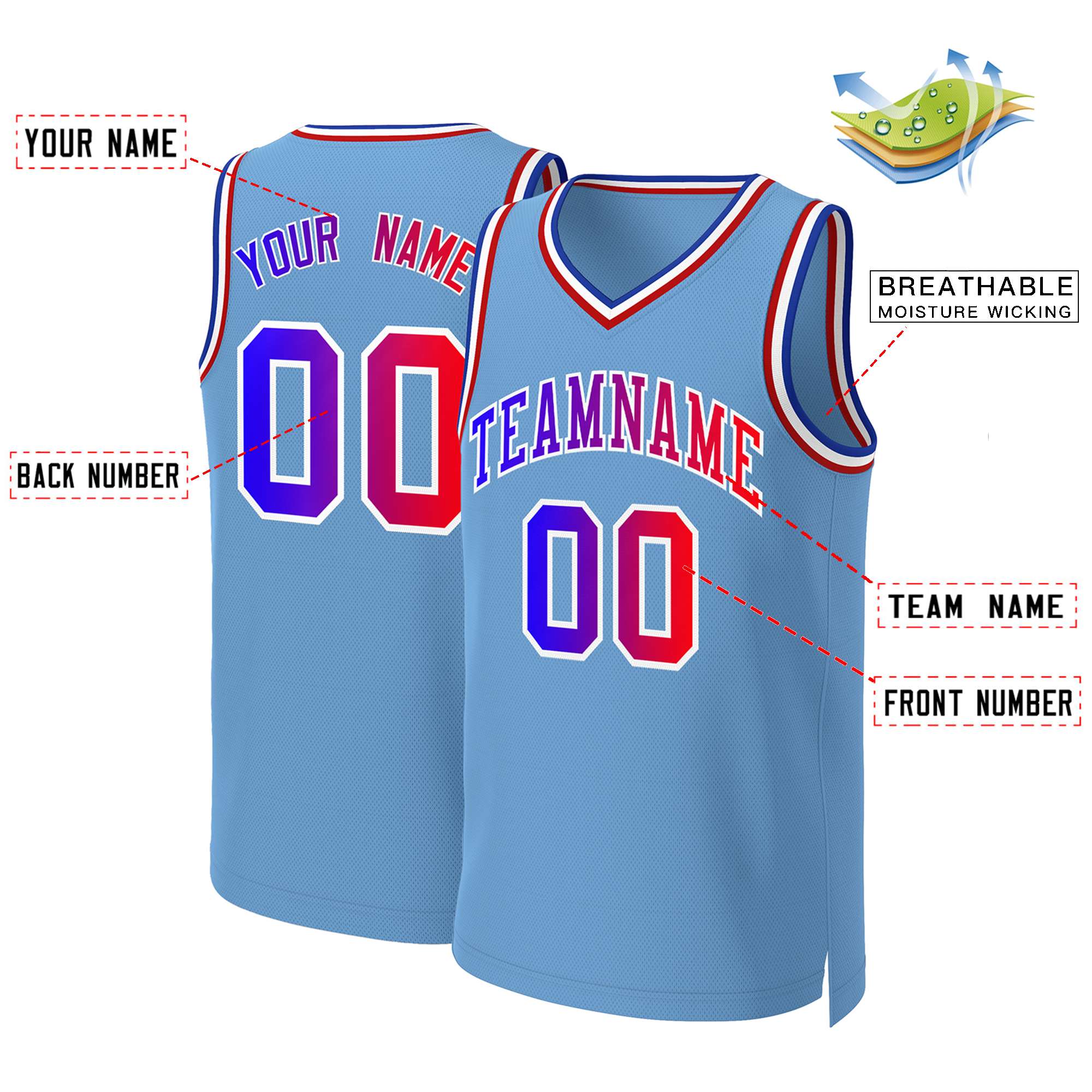 Custom Light Blue Blue-White Classic Tops Basketball Jersey - Image 2