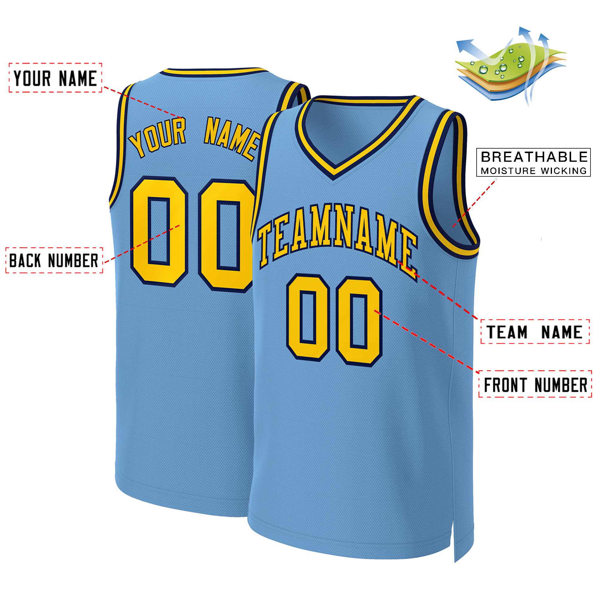Custom Light Blue Yellow-Navy Classic Tops Basketball Jersey - Image 2