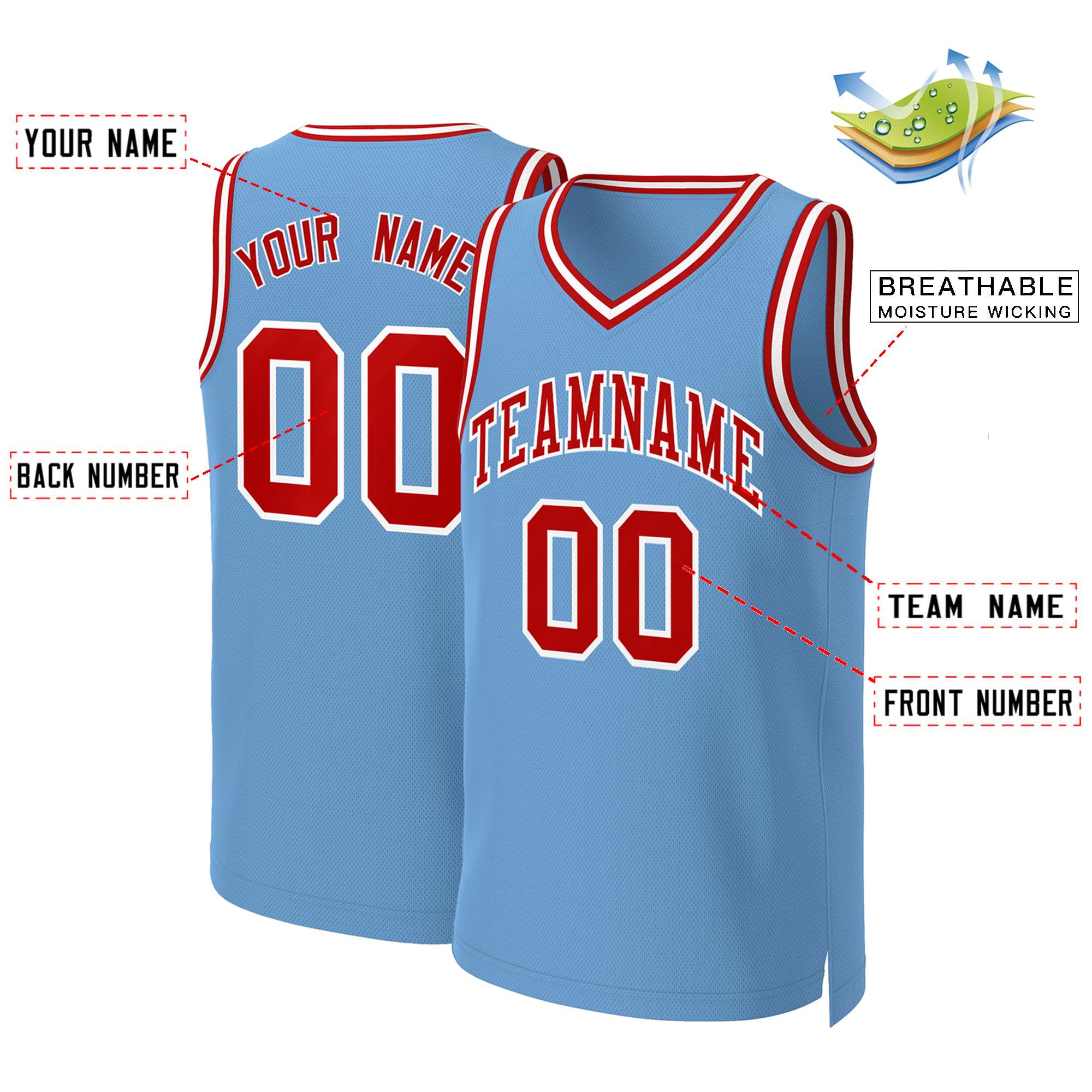 Custom Light Blue Red-White Classic Tops Basketball Jersey - Image 2