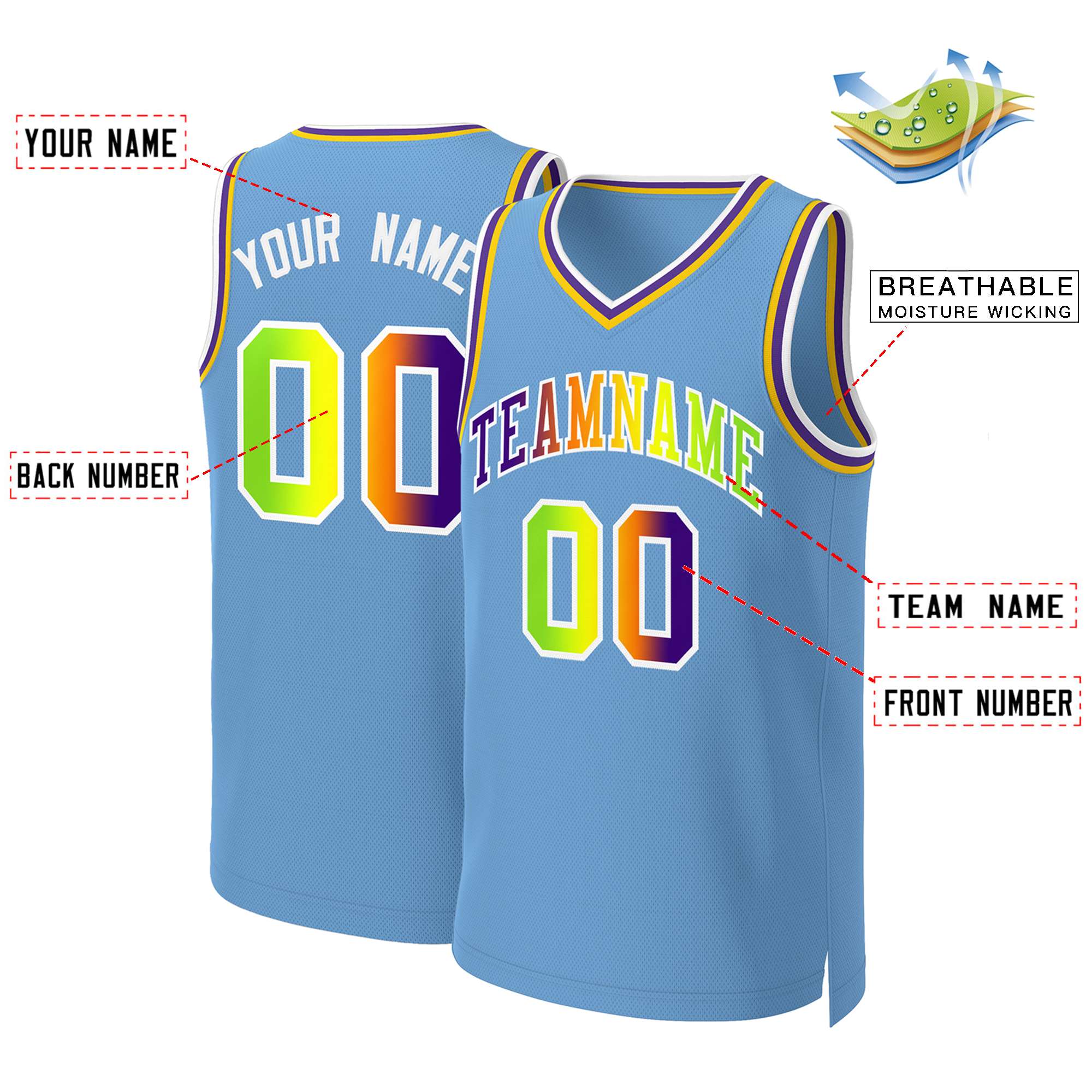 Custom Light Blue Purple-White Classic Gradient Fashion Tops Basketball Jersey - Image 2