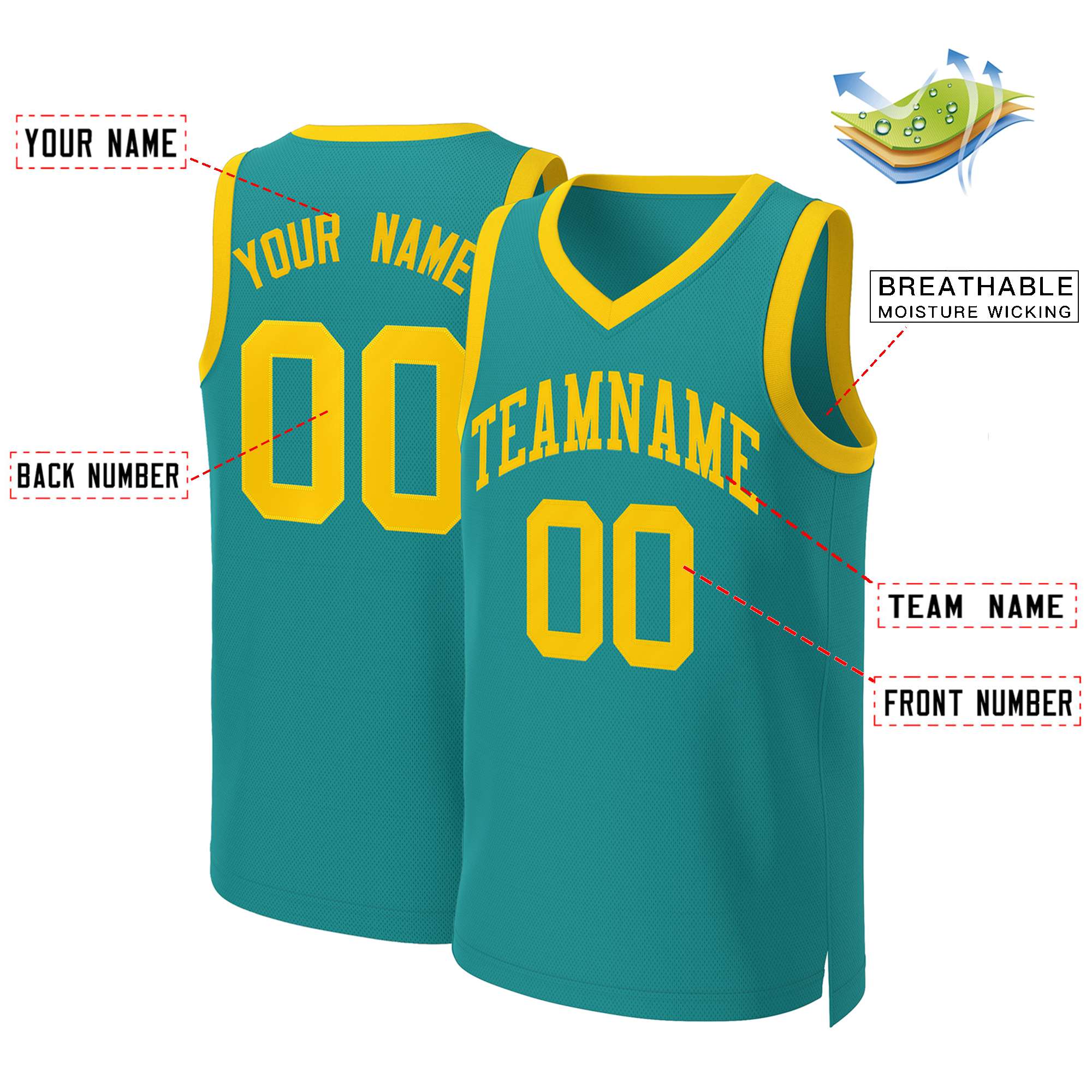 Custom Teal Yellow Classic Tops Basketball Jersey - Image 2