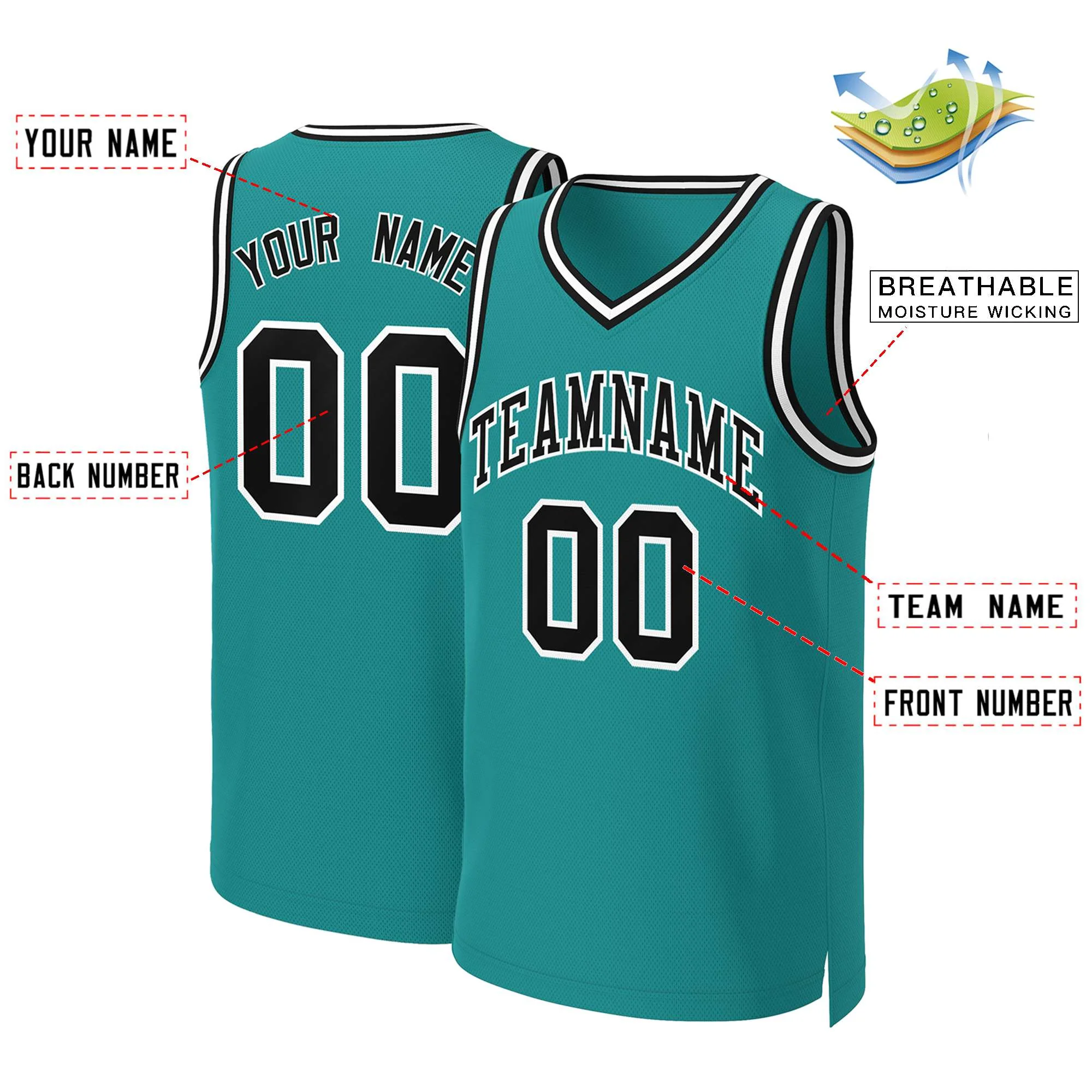 Custom Teal Black-White Classic Tops Basketball Jersey - Image 2