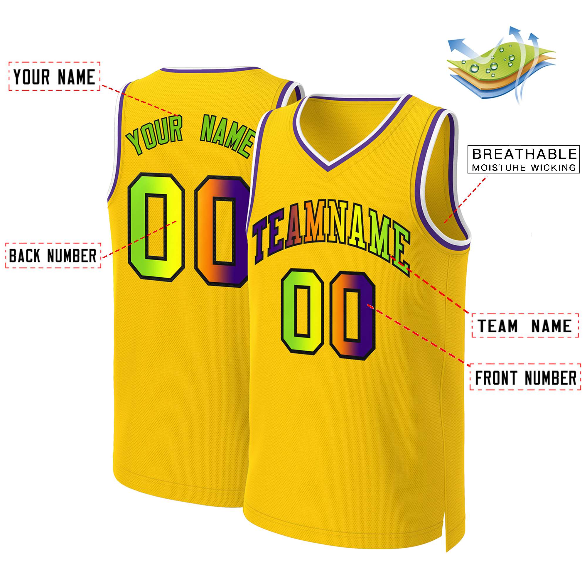 Custom Yellow Purple-Black Classic Gradient Fashion Tops Basketball Jersey - Image 2