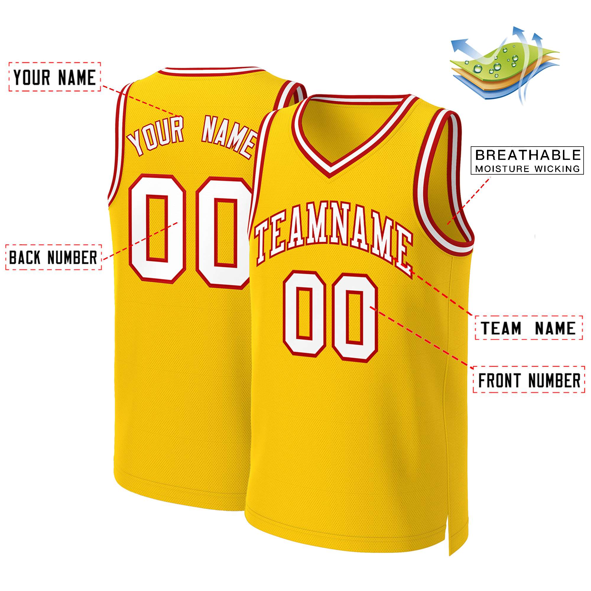 Custom Yellow White-Red Classic Tops Basketball Jersey - Image 2