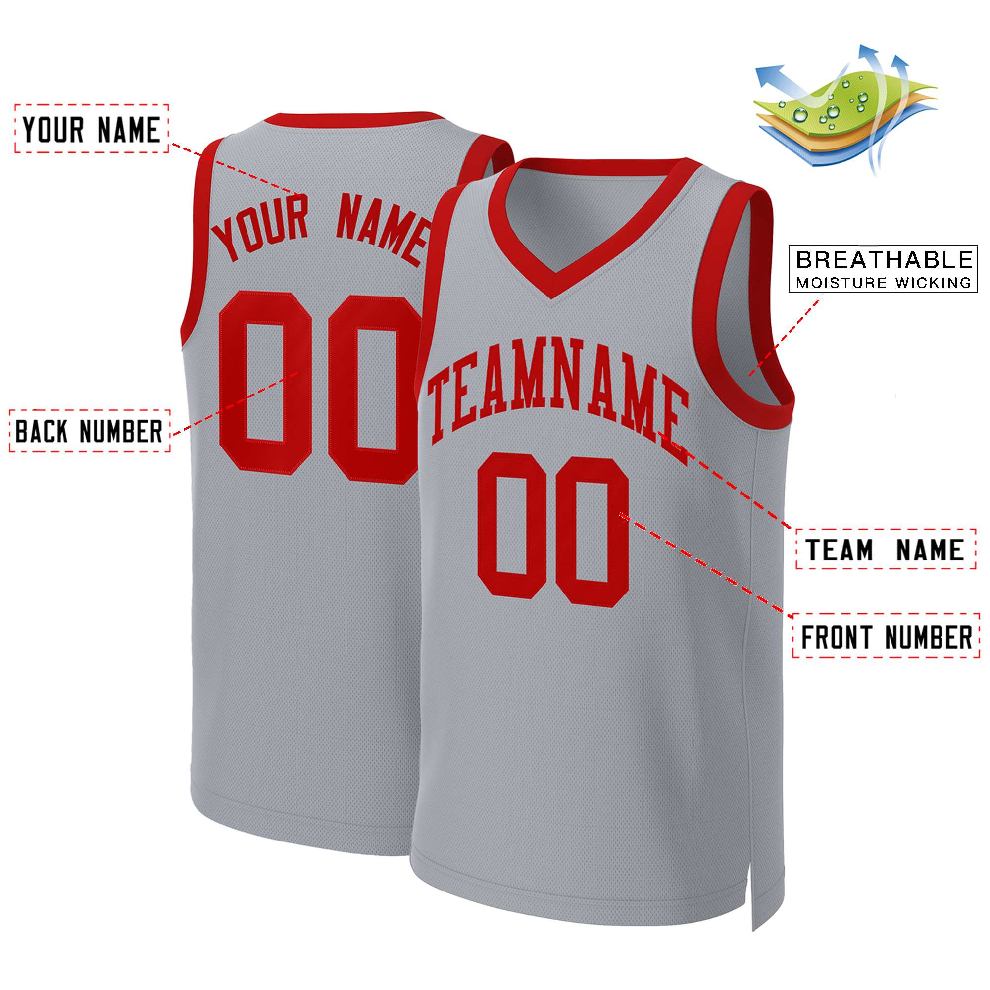 Custom Gray Red Classic Tops Basketball Jersey - Image 2