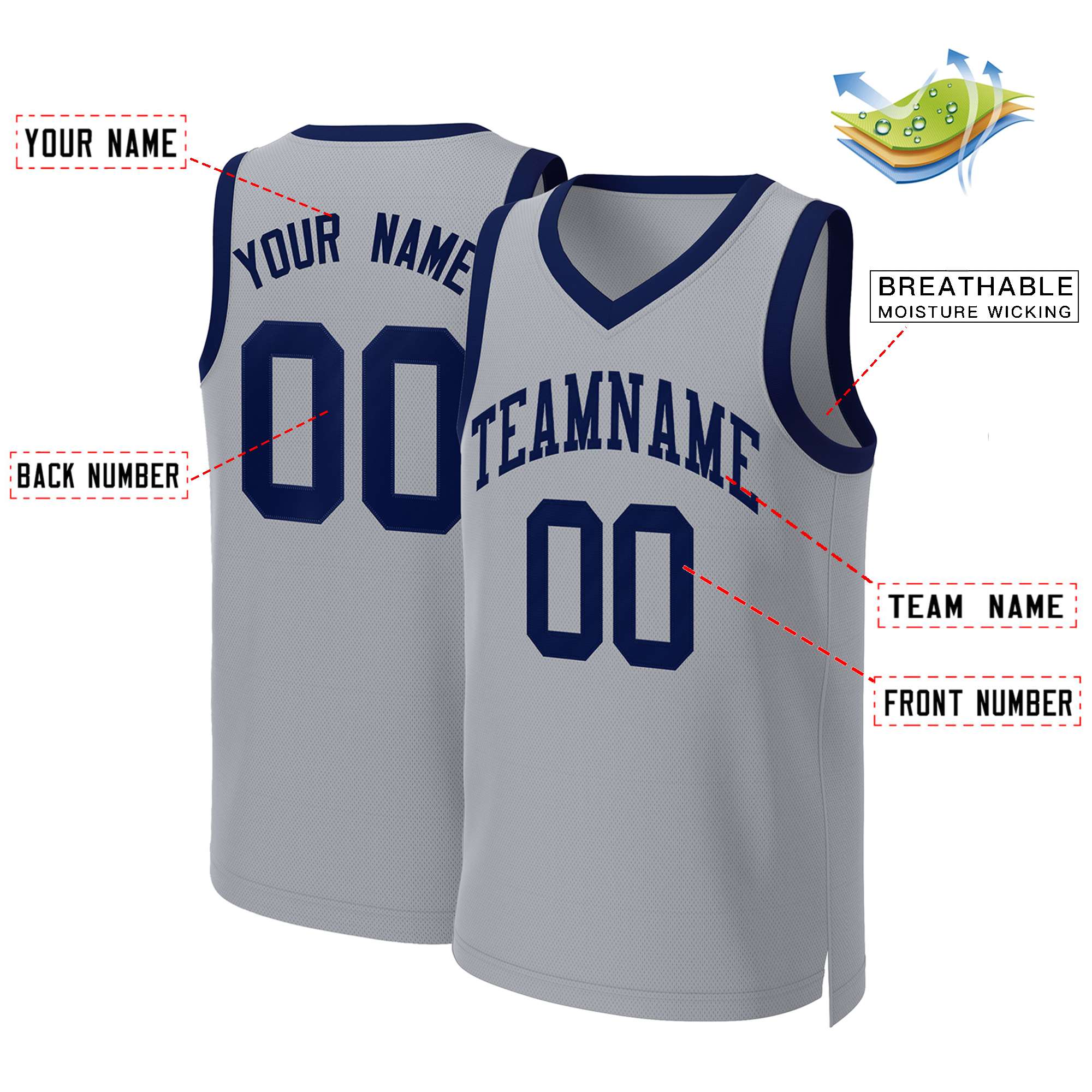Custom Gray Navy Classic Tops Basketball Jersey - Image 2