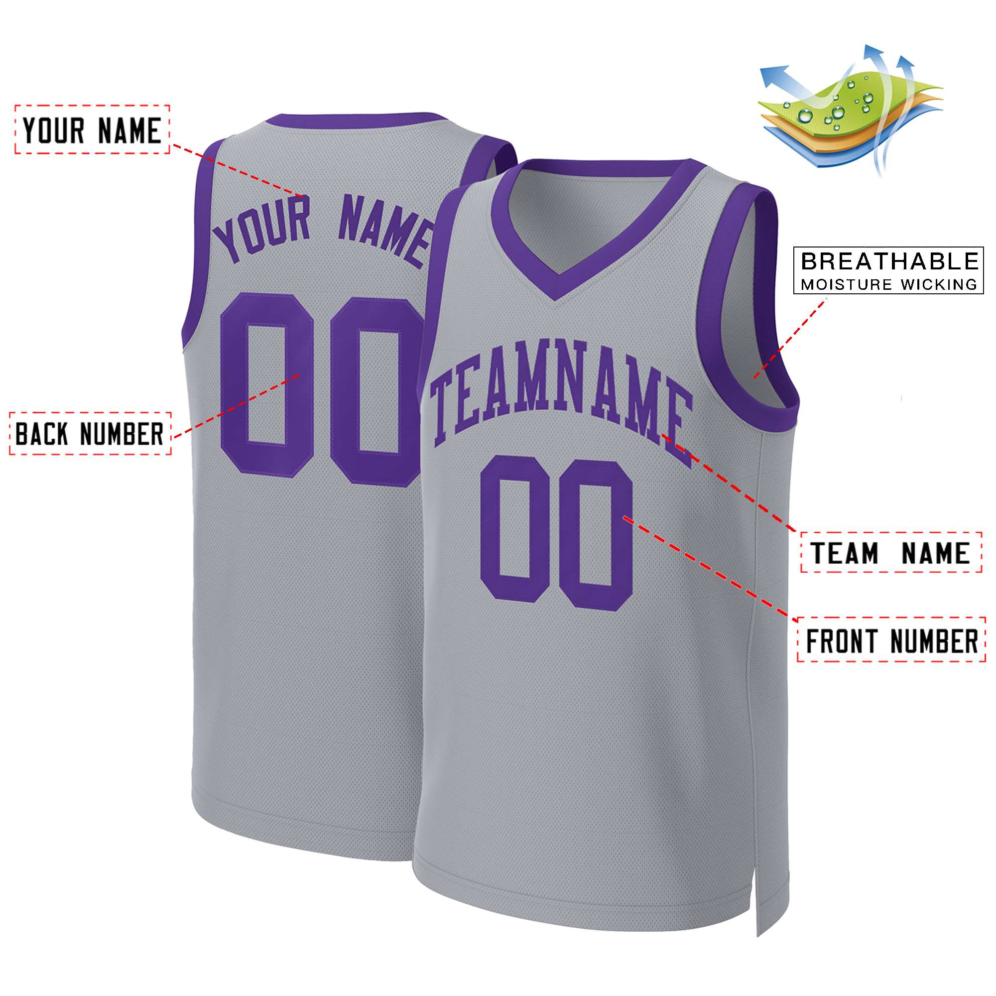 Custom Gray Purple Classic Tops Basketball Jersey - Image 2