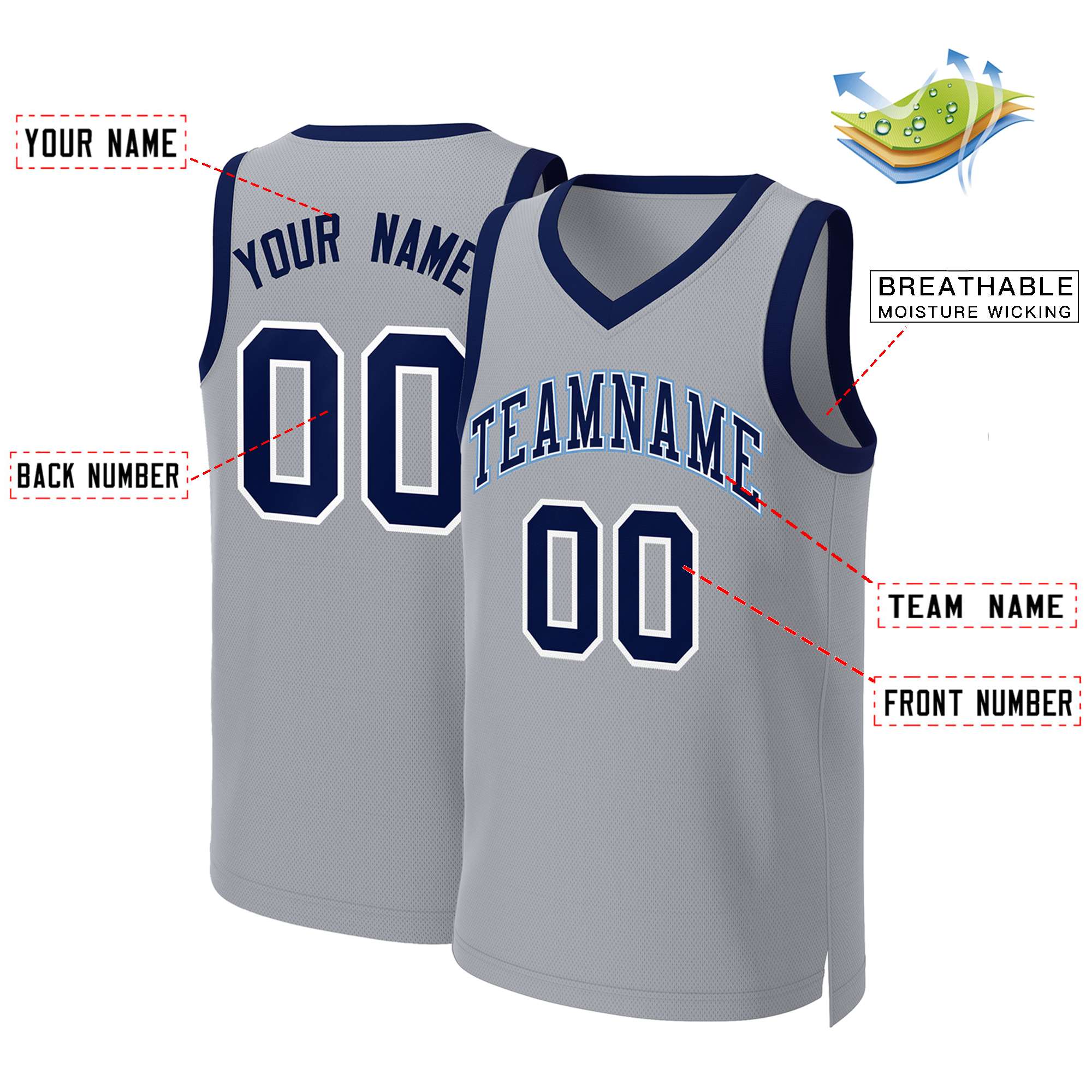 Custom Gray Navy-White Classic Tops Basketball Jersey - Image 2