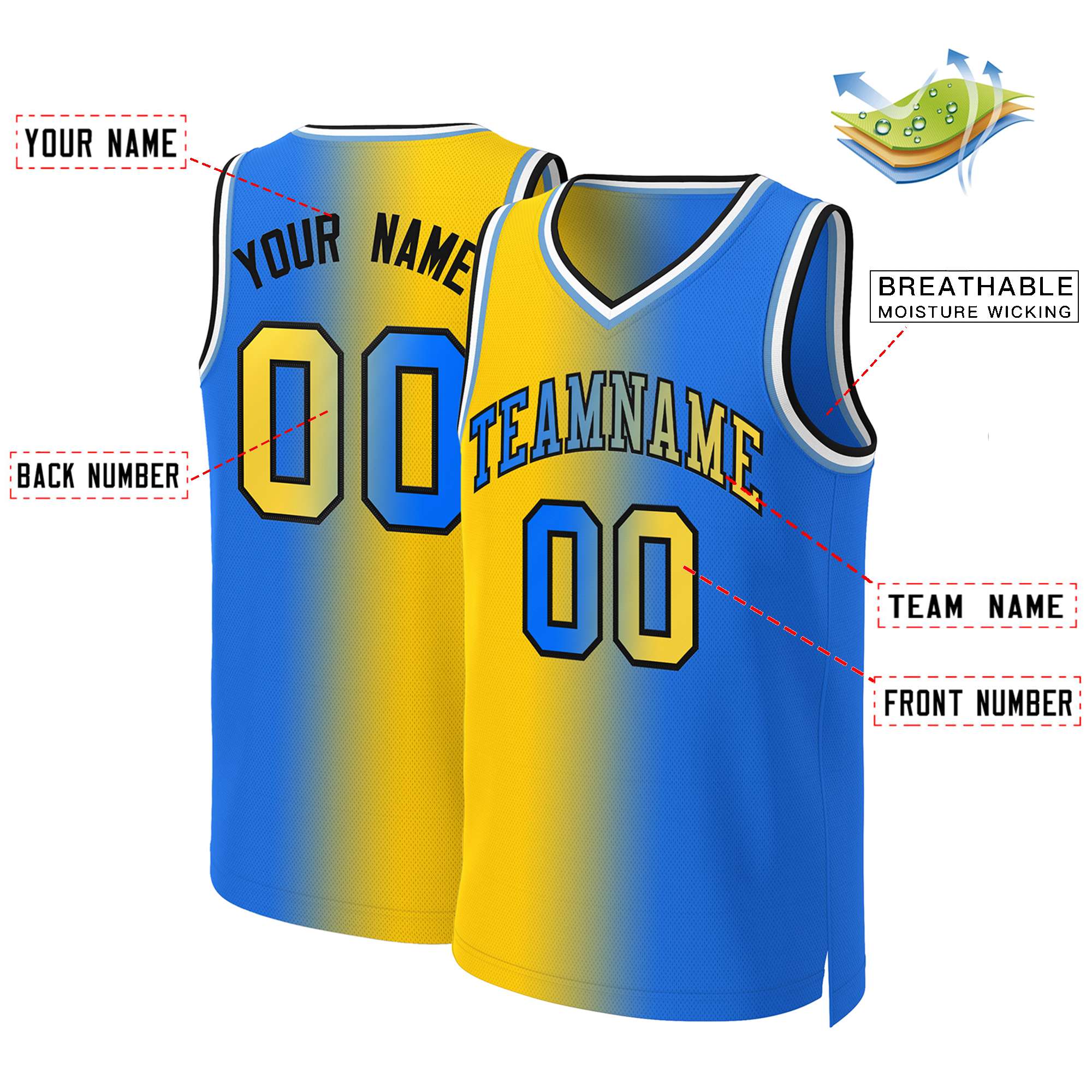Custom Yellow Blue-Black Gradient Fashion Tops Basketball Jersey - Image 2