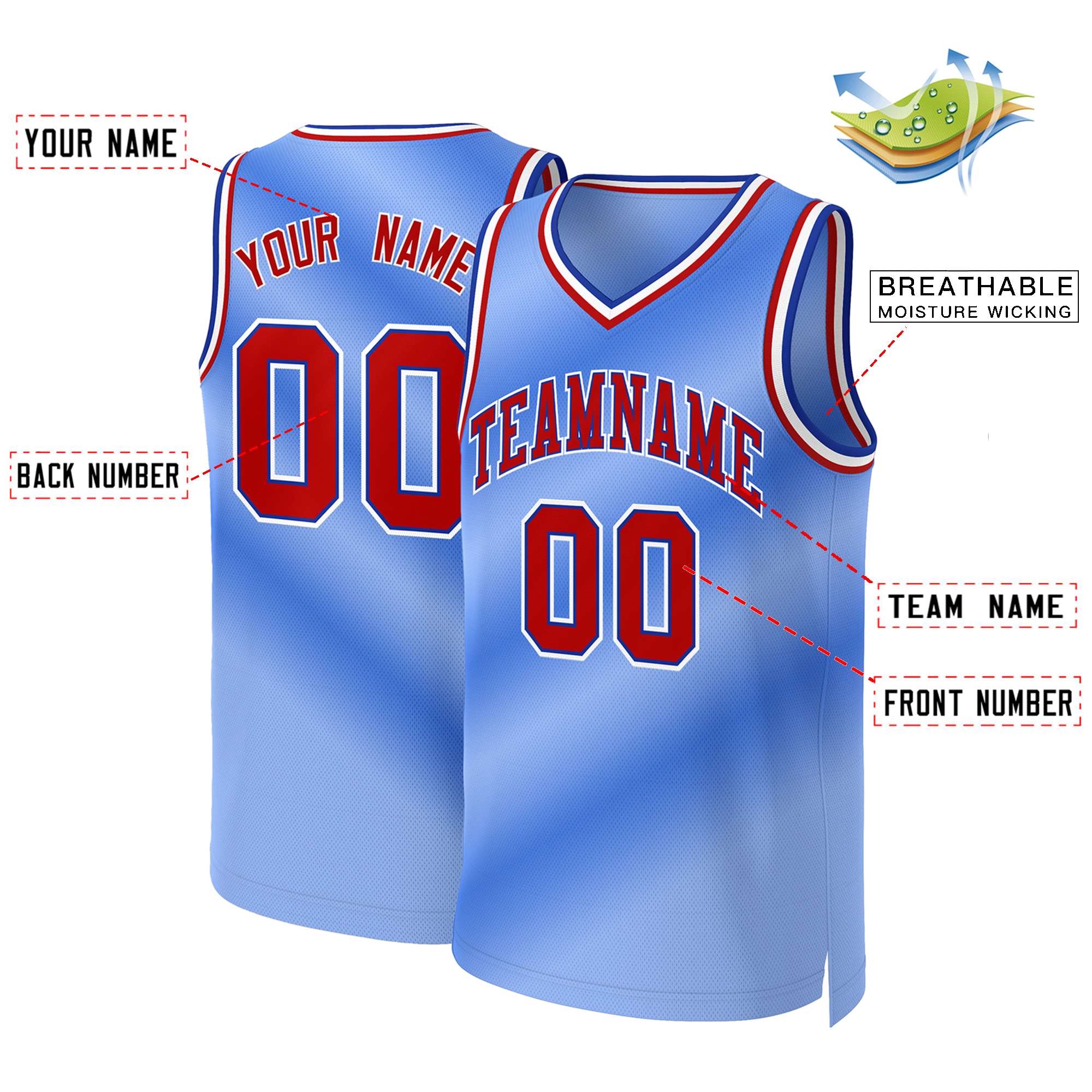 Custom Light Blue Red-Royal Gradient Fashion Tops Basketball Jersey - Image 2