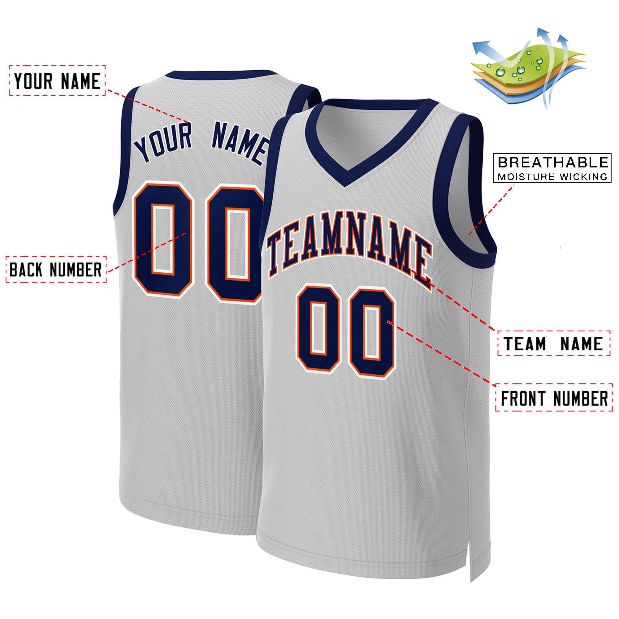 Custom Gray Navy-Orange Classic Tops Basketball Jersey - Image 2