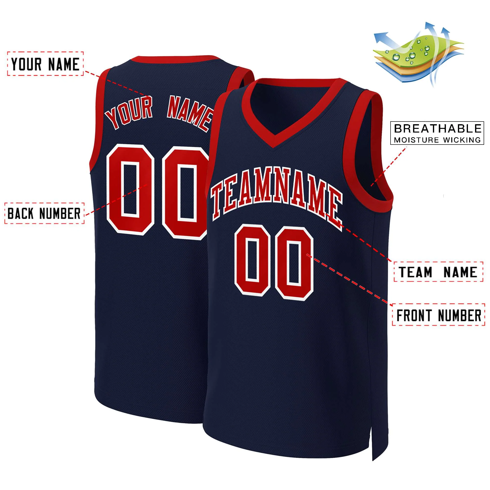 Custom Navy Red-White Classic Tops Basketball Jersey - Image 2