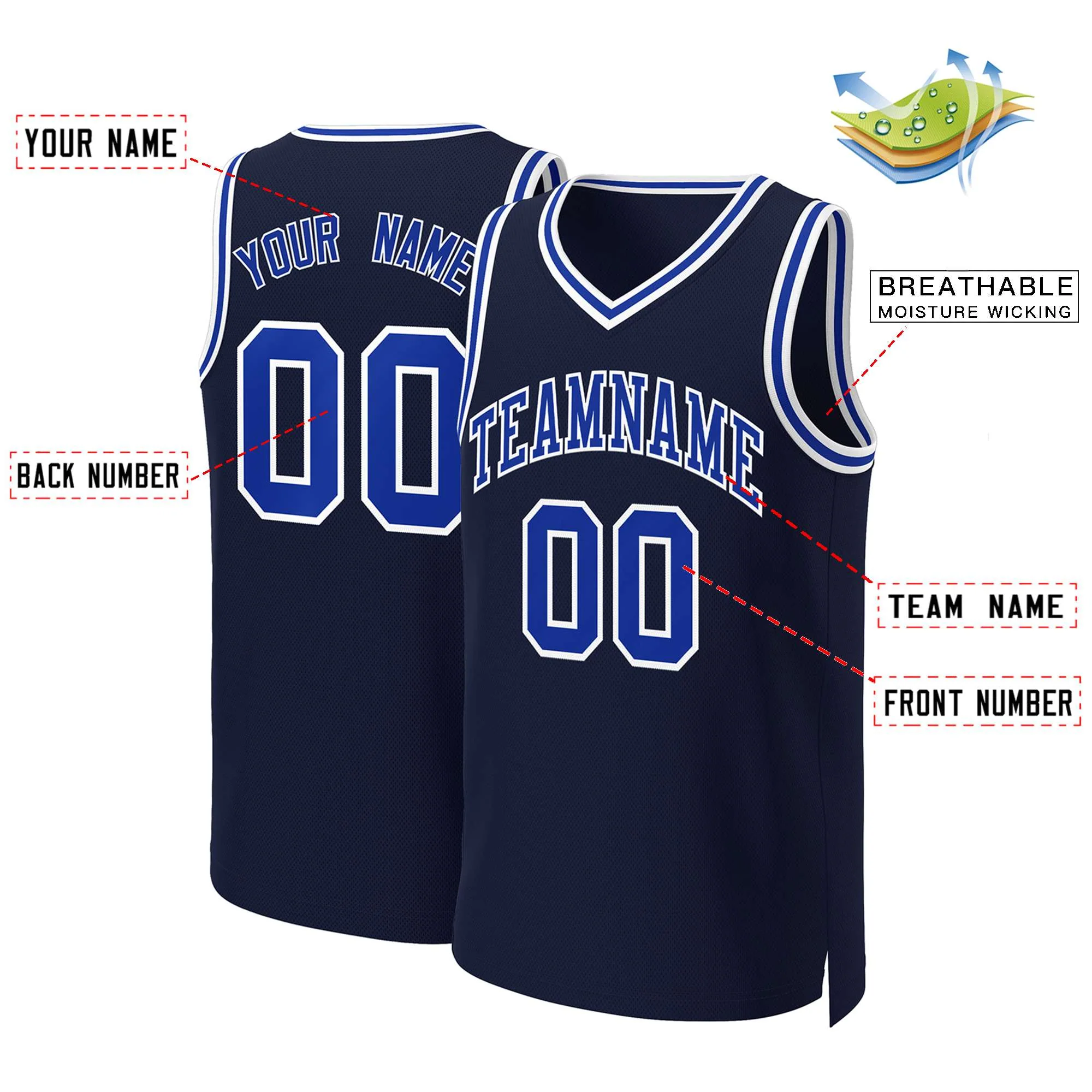 Custom Navy Royal-White Classic Tops Basketball Jersey - Image 2