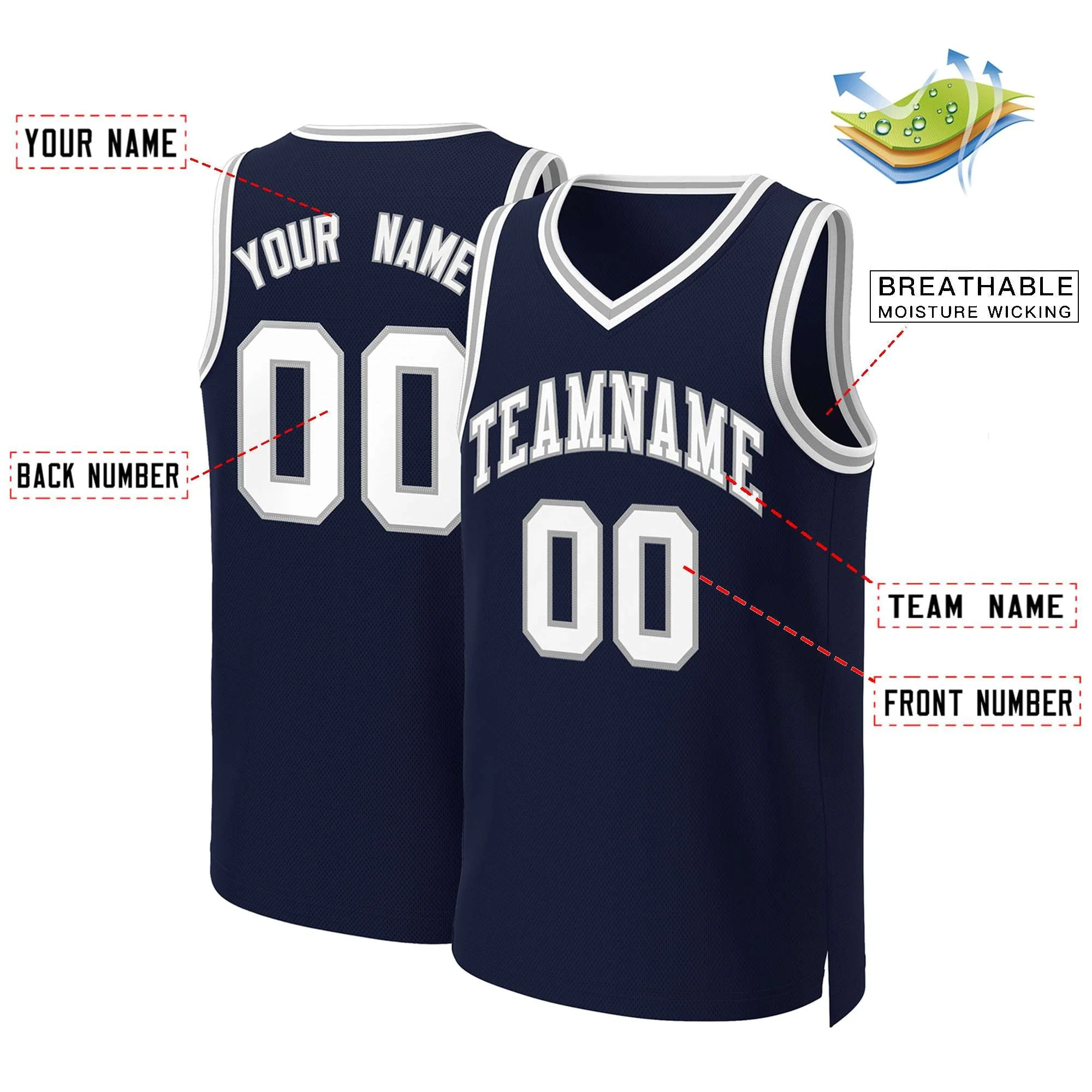 Custom Navy White-Gray Classic Tops Basketball Jersey - Image 2