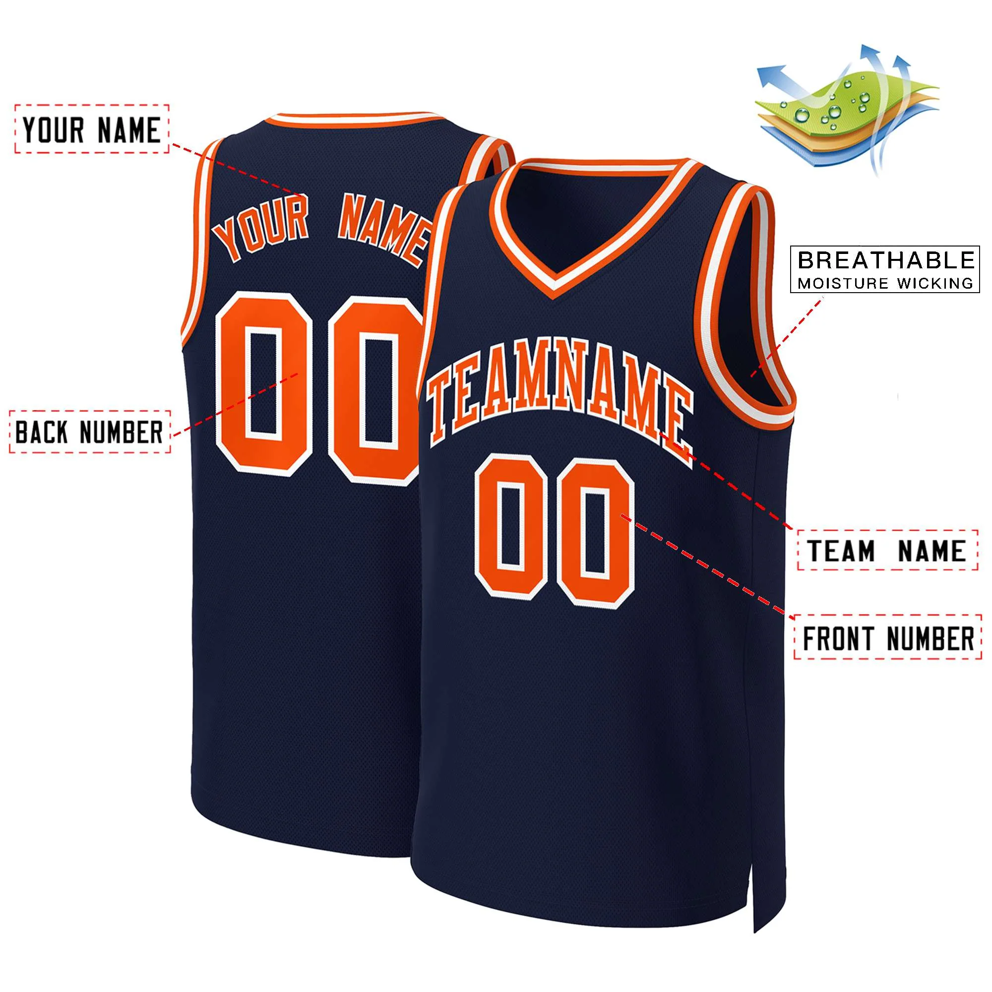 Custom Navy Orange-White Classic Tops Basketball Jersey - Image 2
