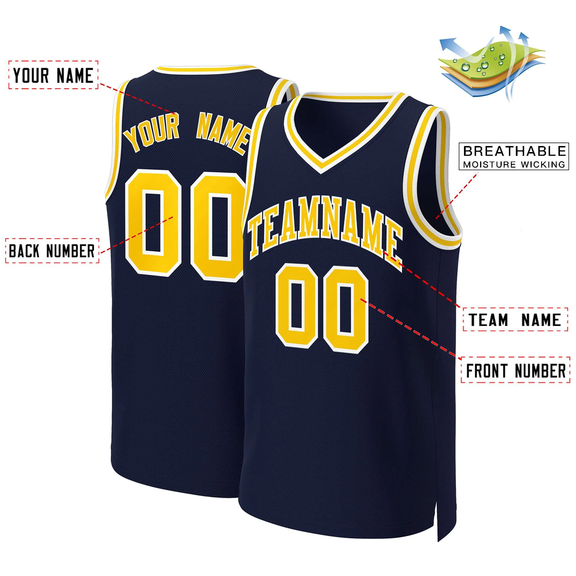 Custom Navy Yellow-White Classic Tops Basketball Jersey - Image 2