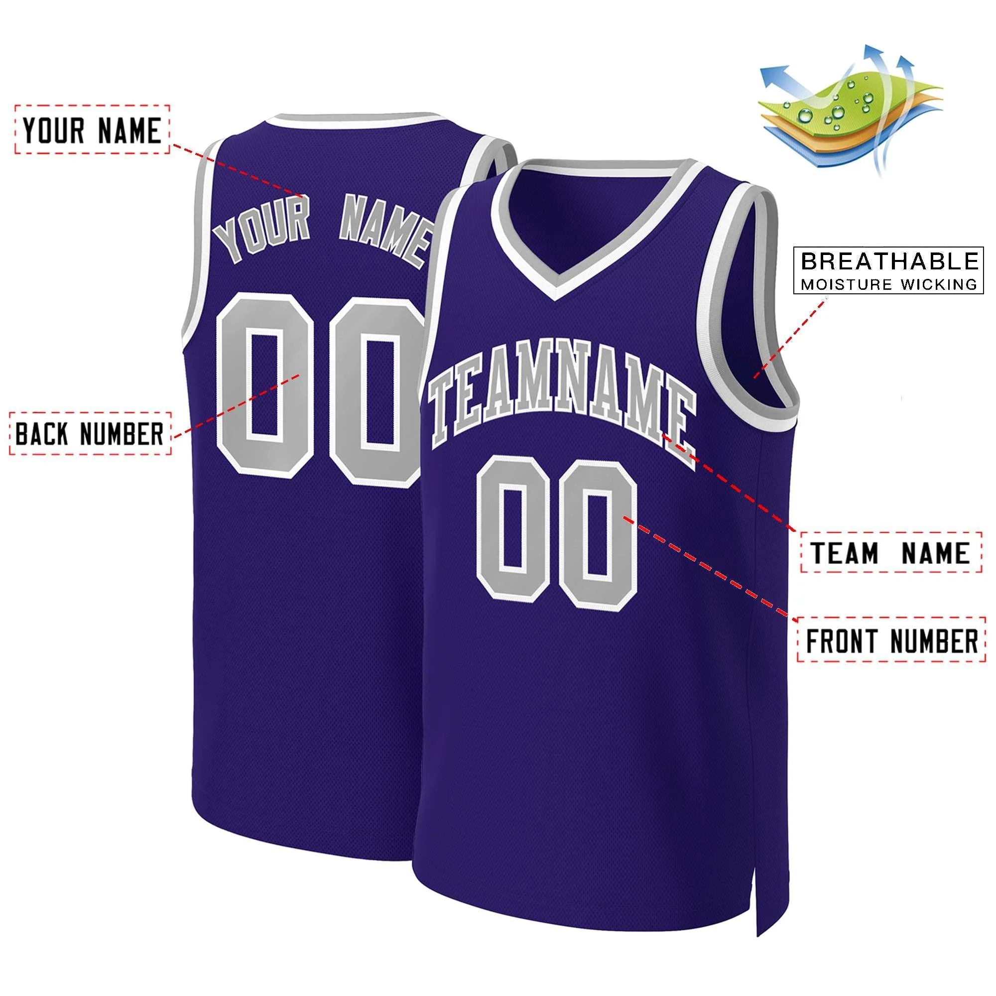 Custom Purple Gray-White Classic Tops Basketball Jersey - Image 2