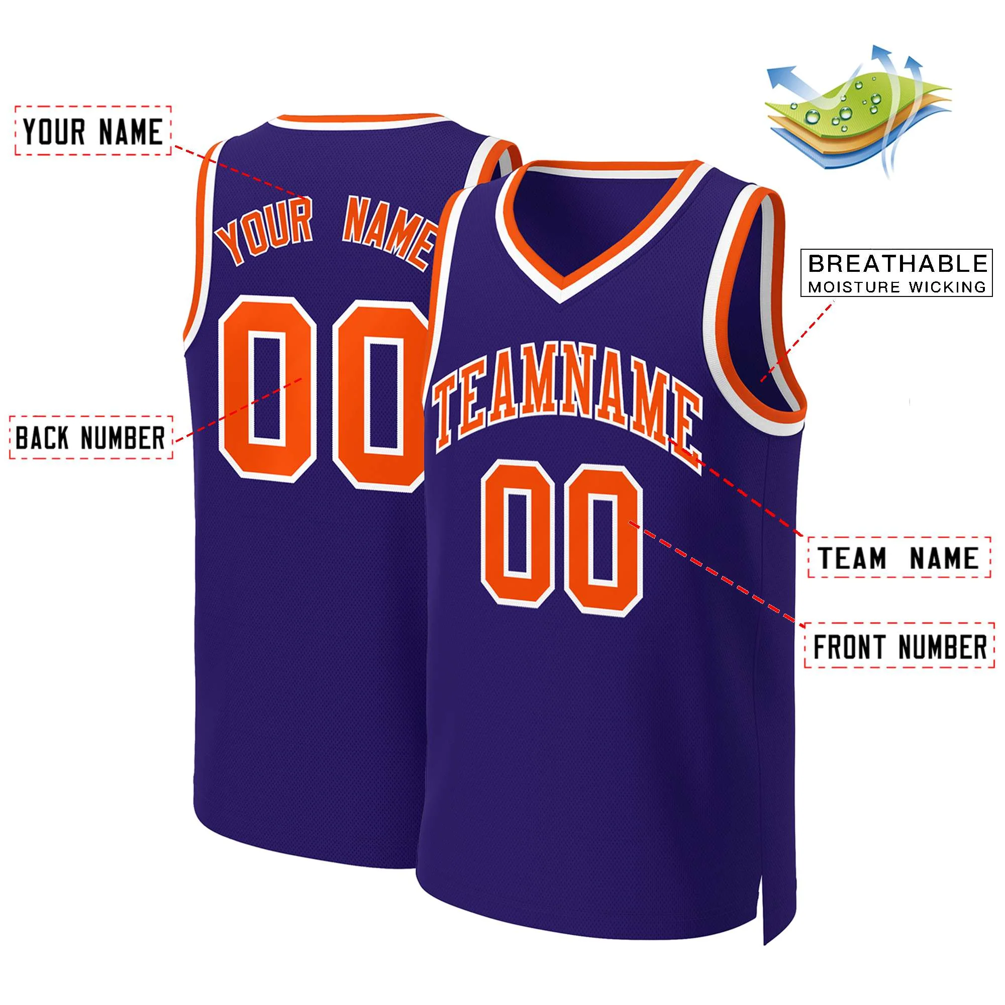 Custom Purple Orange-White Classic Tops Basketball Jersey - Image 2