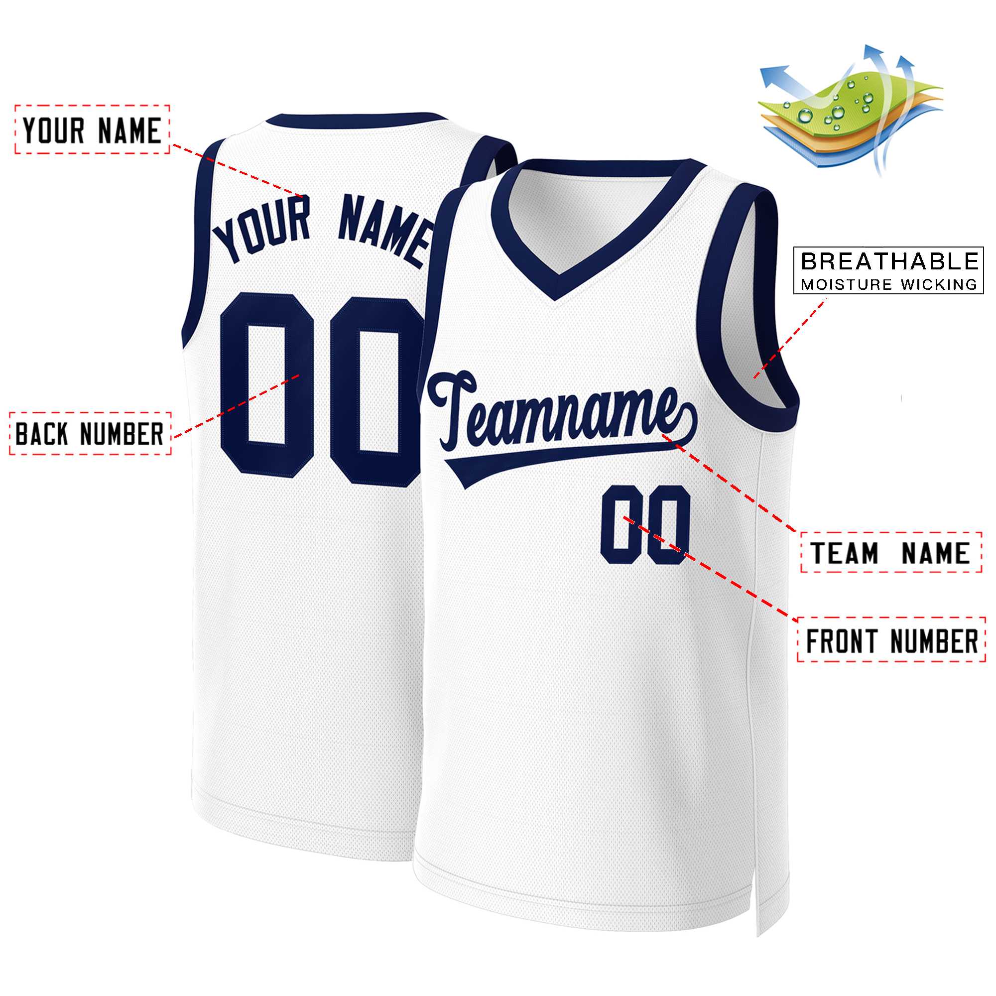 Custom White Navy Blue Classic Tops Basketball Jersey - Image 2