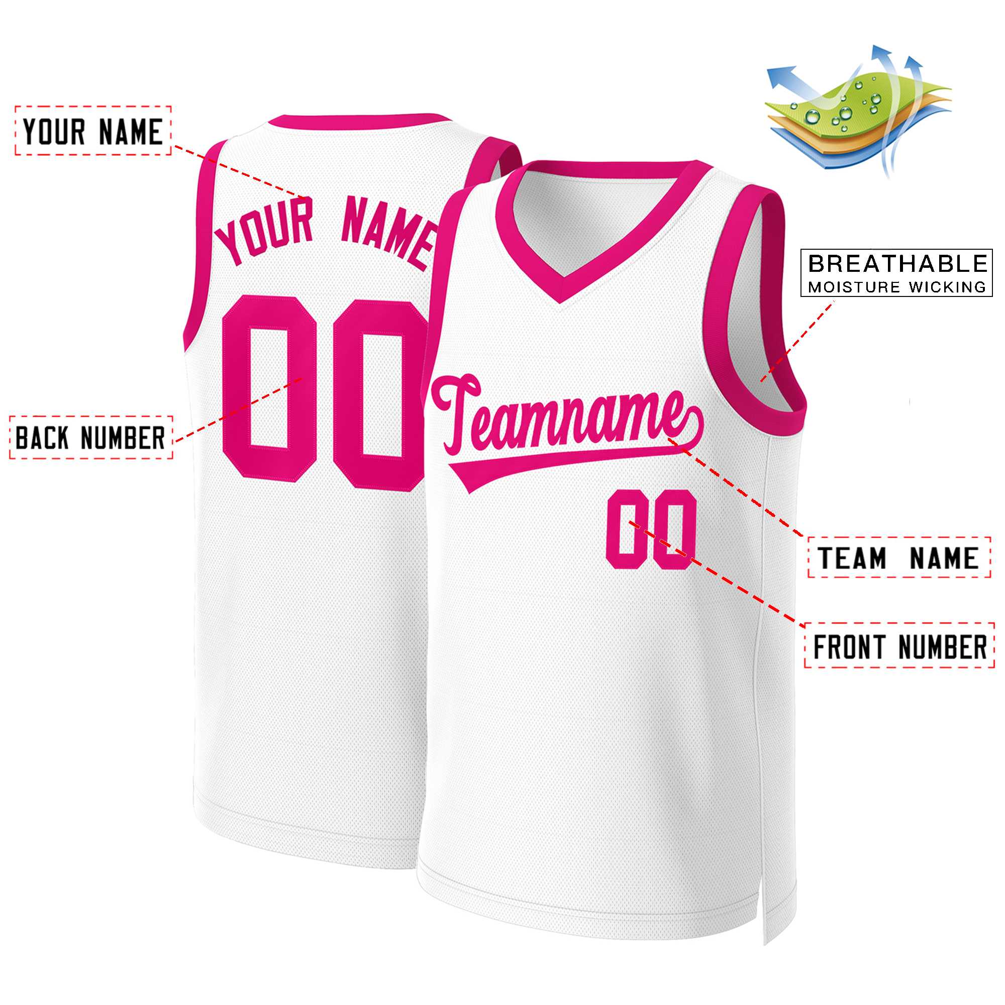 Custom White Pink Classic Tops Basketball Jersey - Image 2