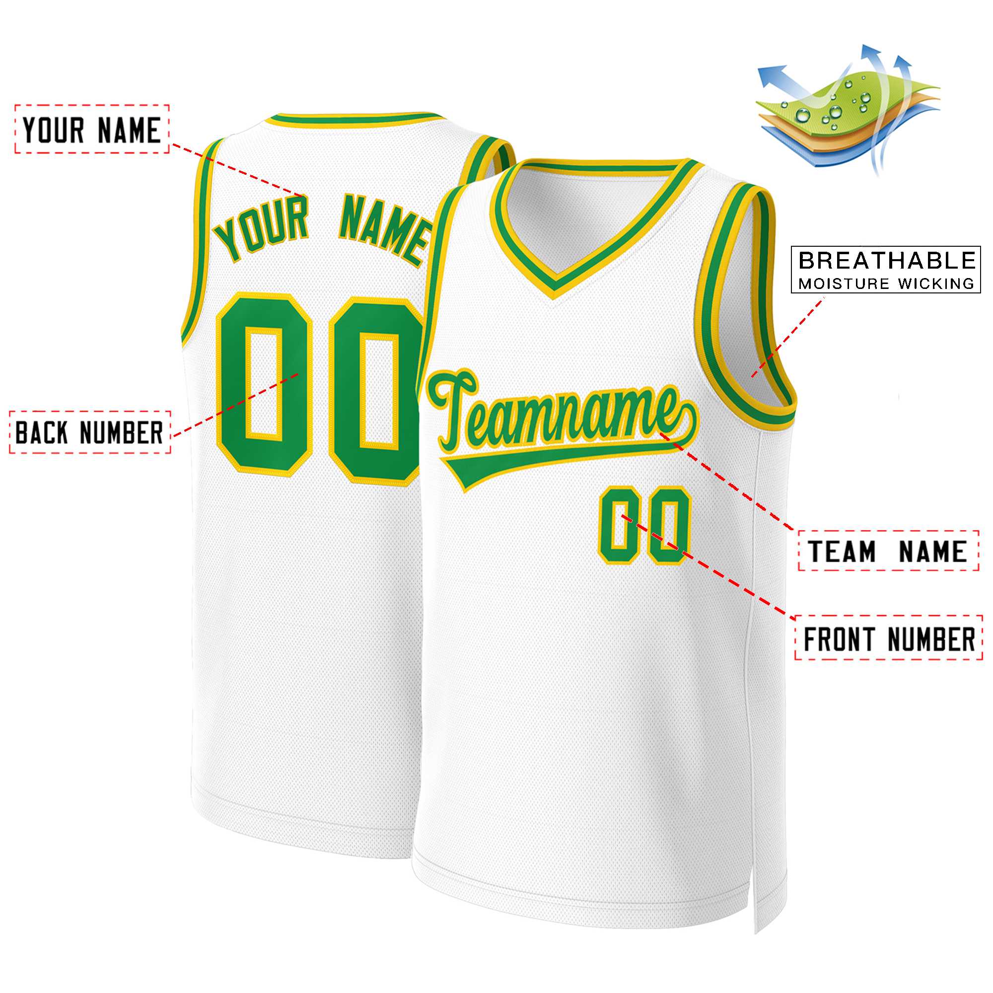 Custom White Green-Yellow Classic Tops Basketball Jersey - Image 2