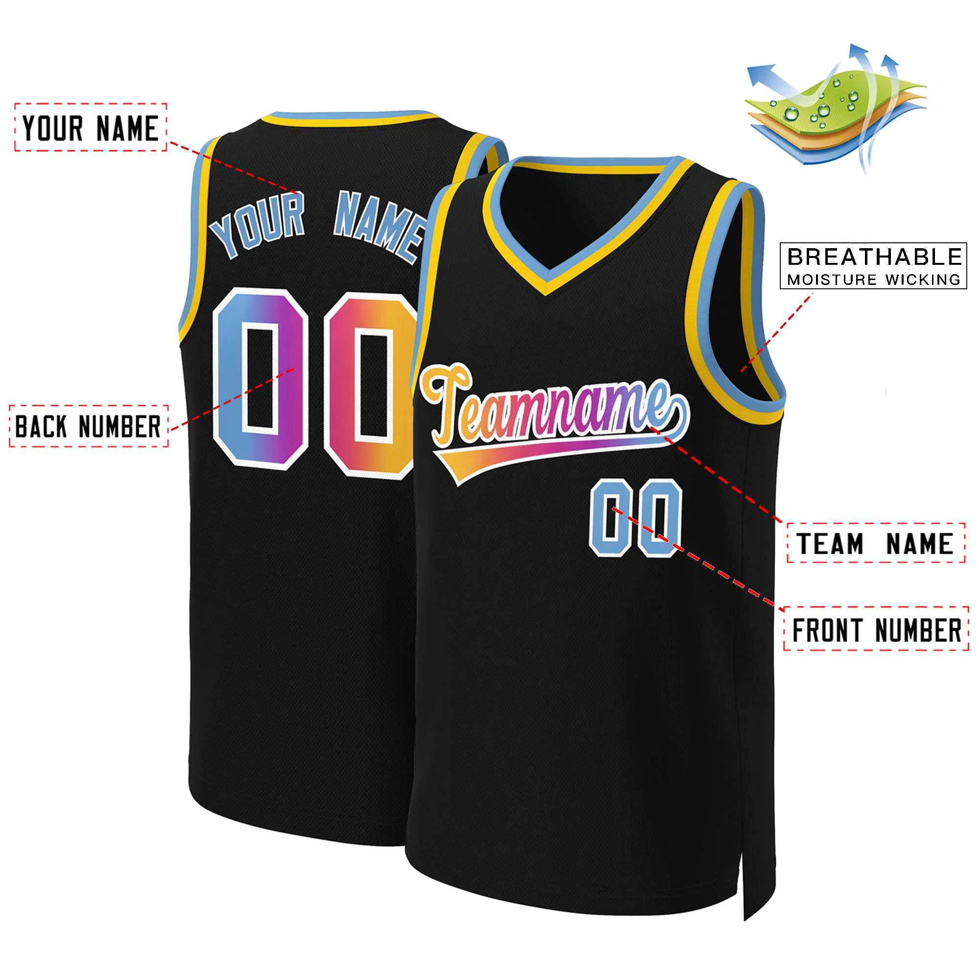 Custom Black Yellow-White Classic Gradient Fashion Tops Basketball Jersey - Image 2