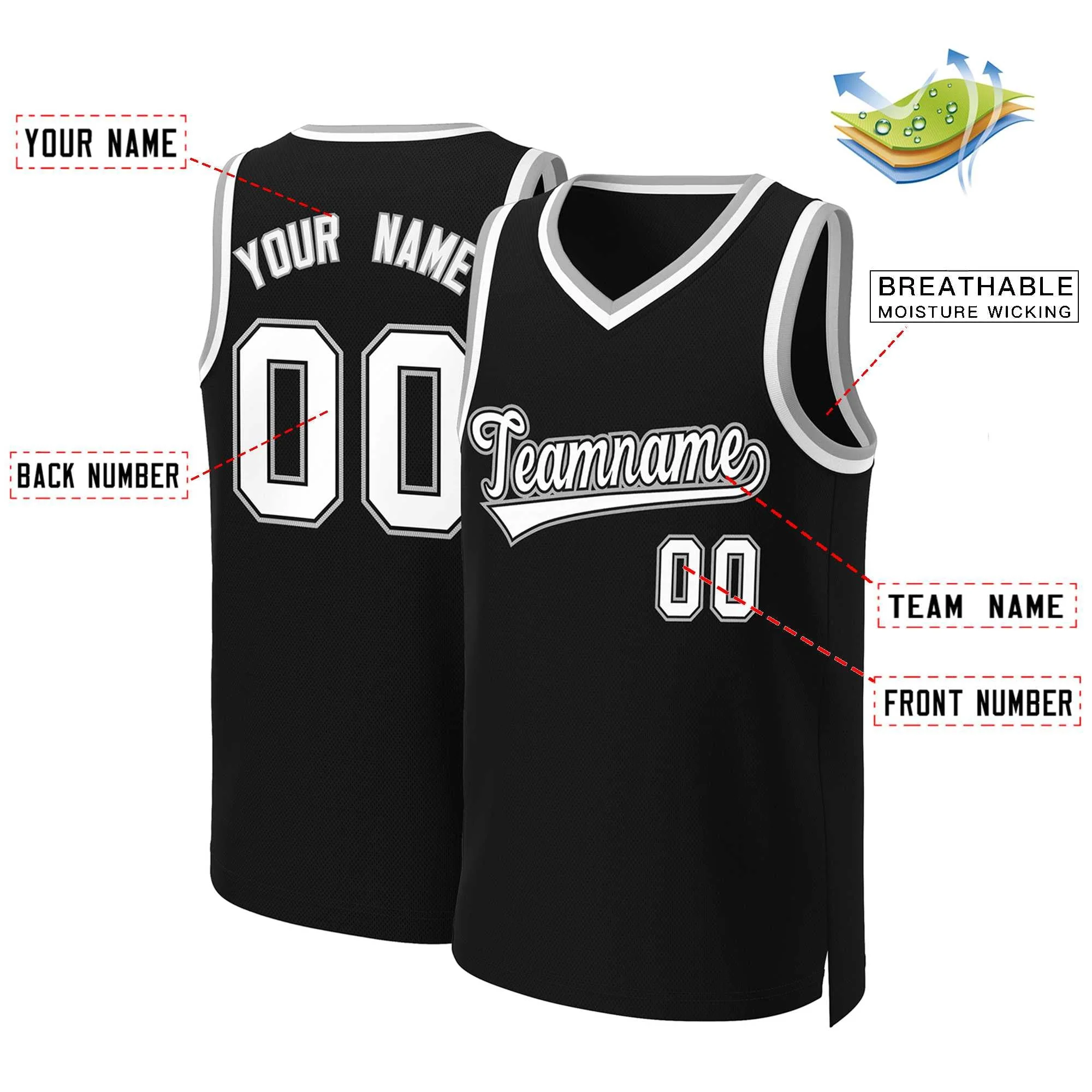 Custom Black White-Black Classic Tops Basketball Jersey - Image 2