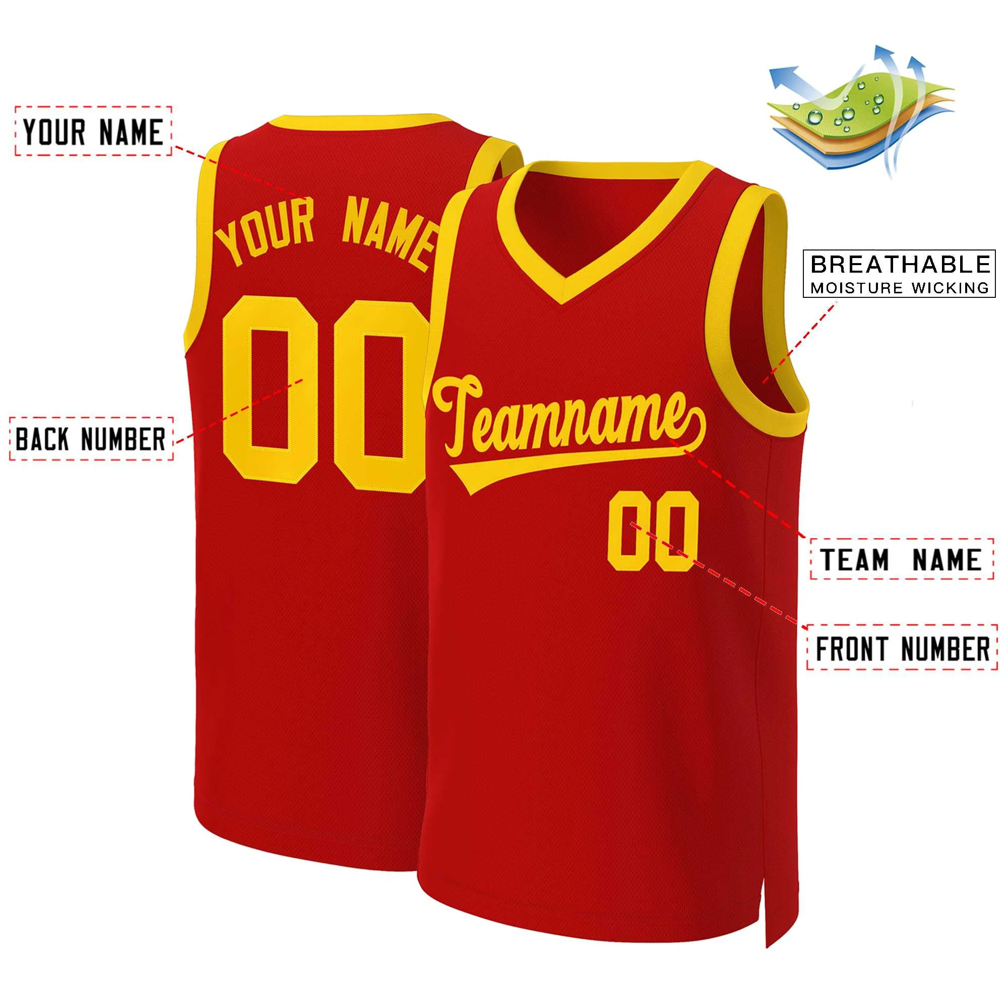 Custom Red Yellow Classic Tops Basketball Jersey - Image 2
