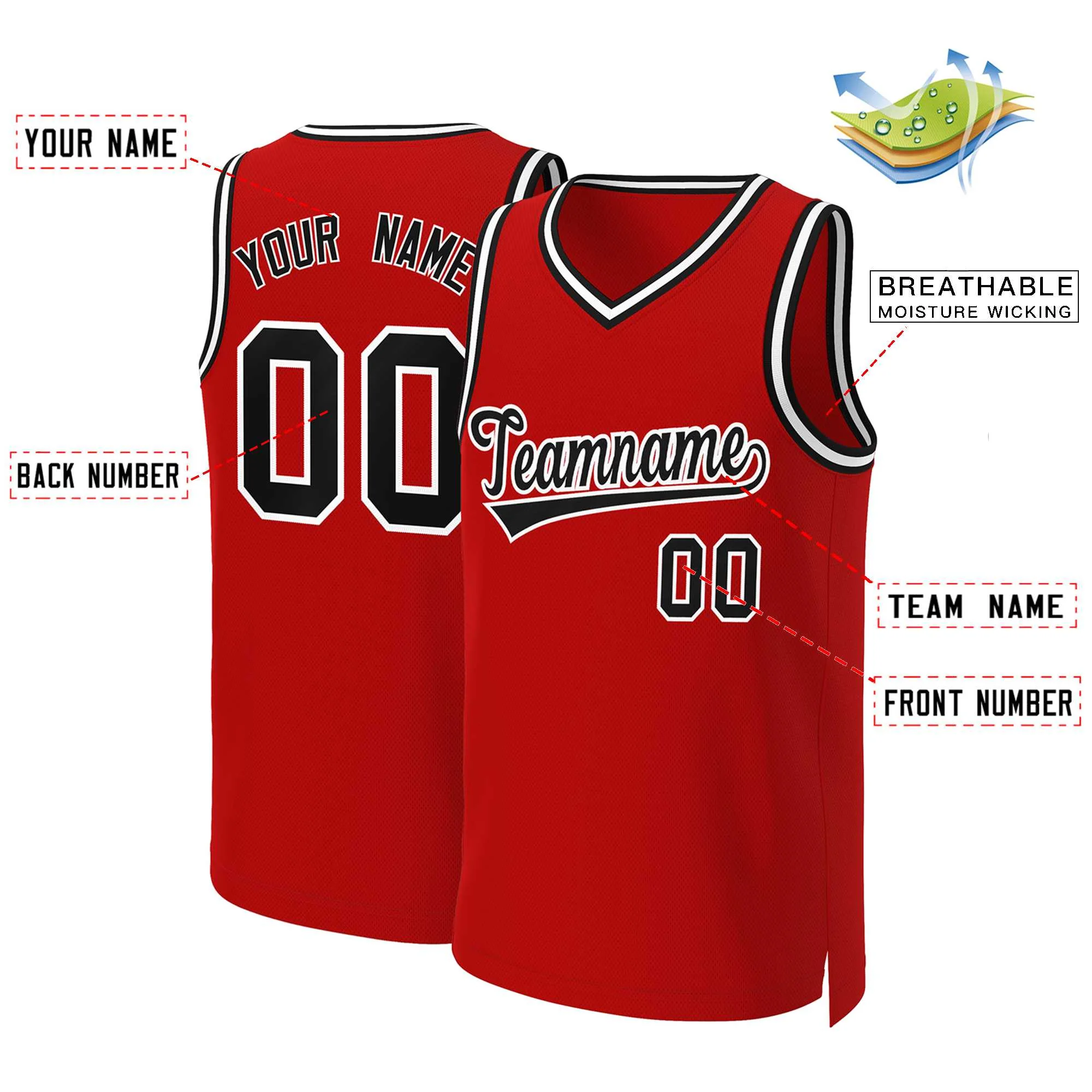 Custom Red Black-White Classic Tops Basketball Jersey - Image 2