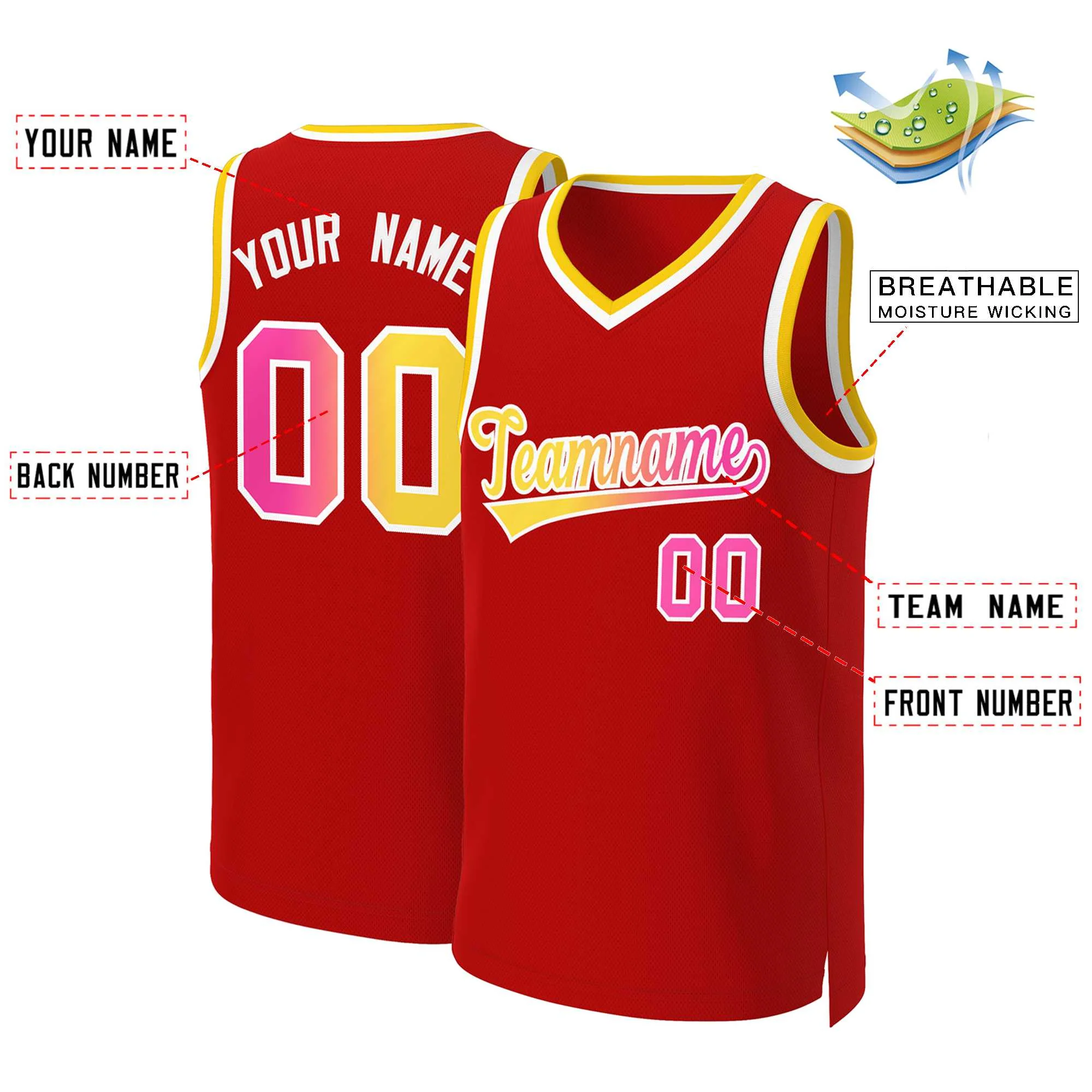 Custom Red Yellow-White Classic Gradient Fashion Tops Basketball Jersey - Image 2