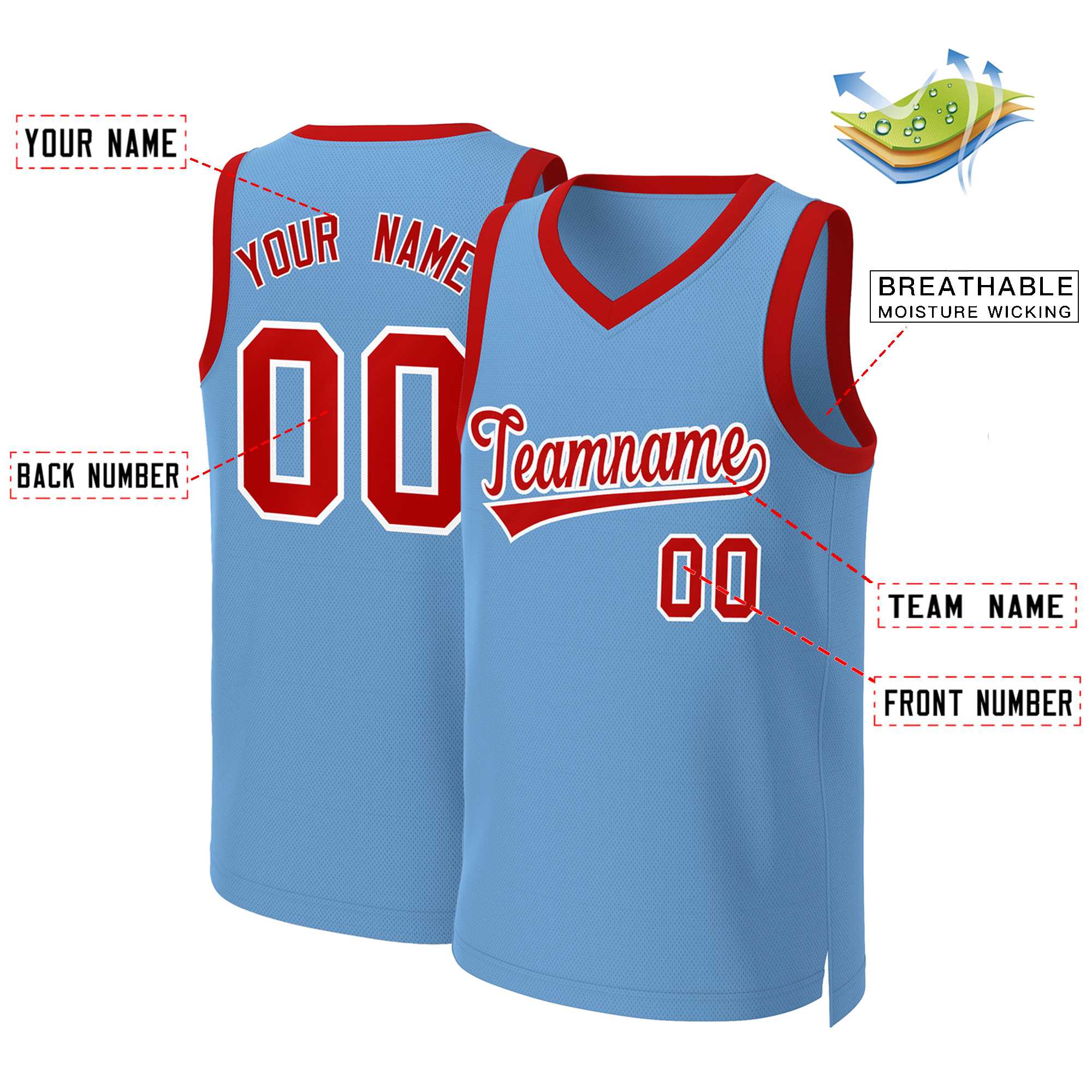 Custom Light Blue Red-White Classic Tops Basketball Jersey - Image 2