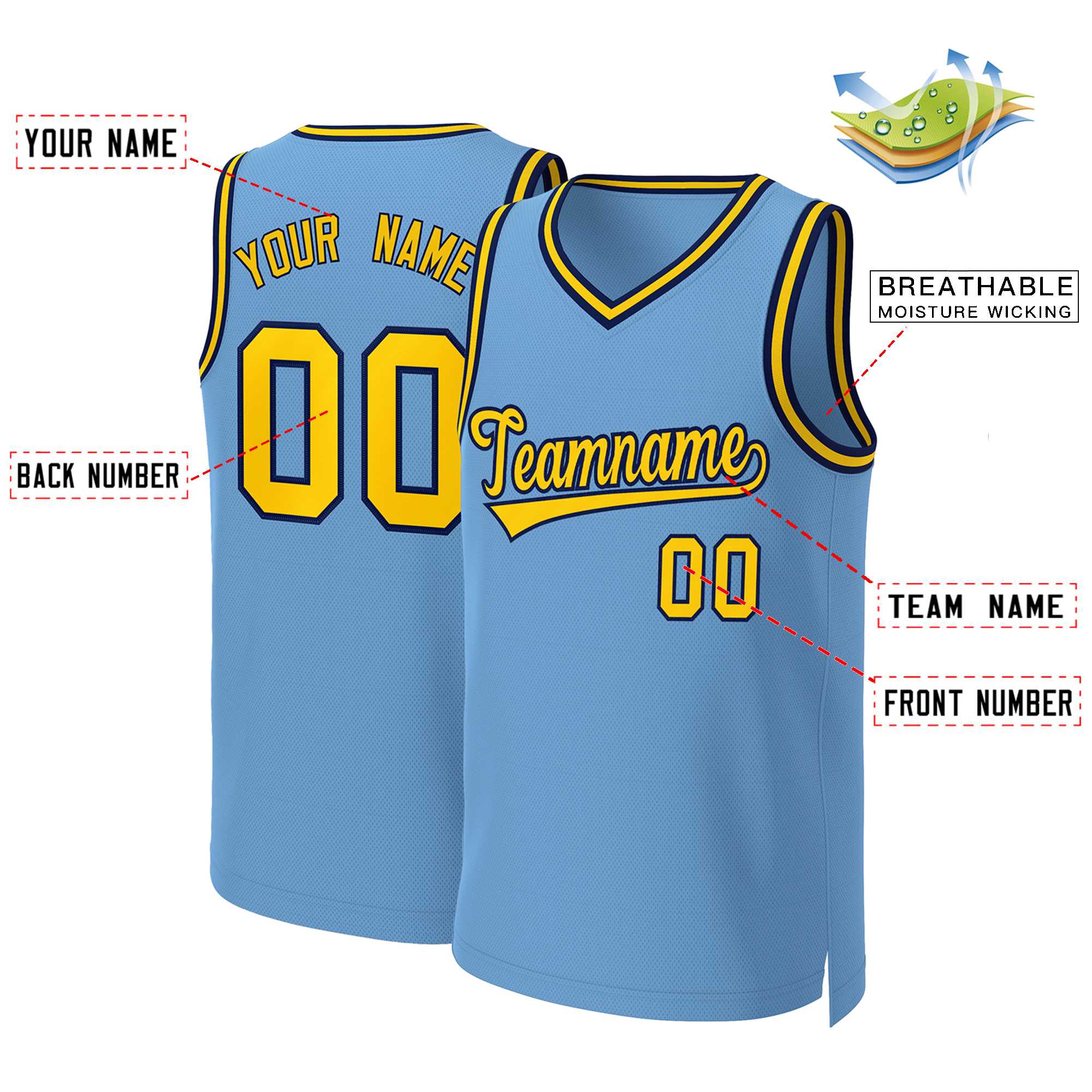 Custom Light Blue Yellow-Navy Classic Tops Basketball Jersey - Image 2