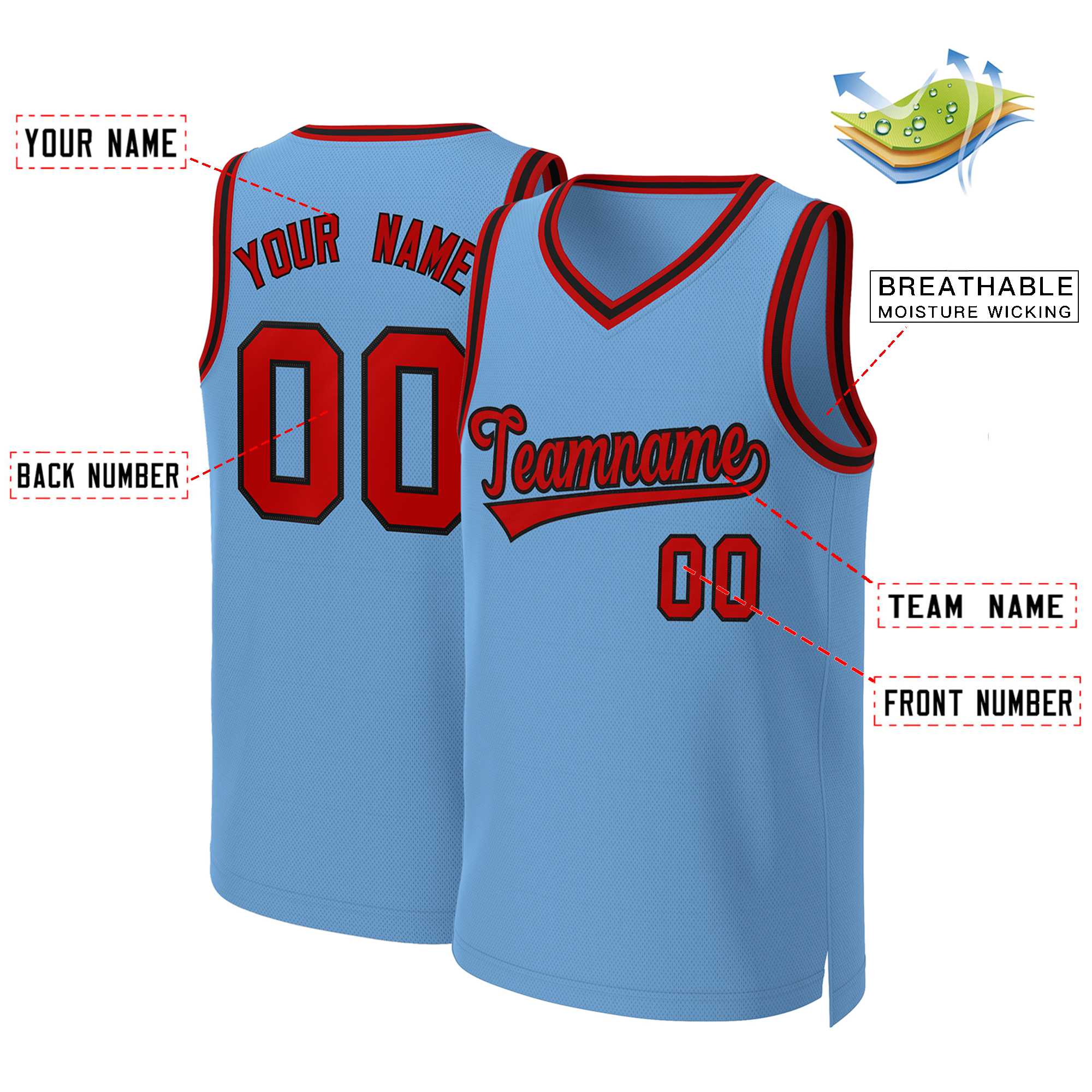 Custom Light Blue Red-Black Classic Tops Basketball Jersey - Image 2