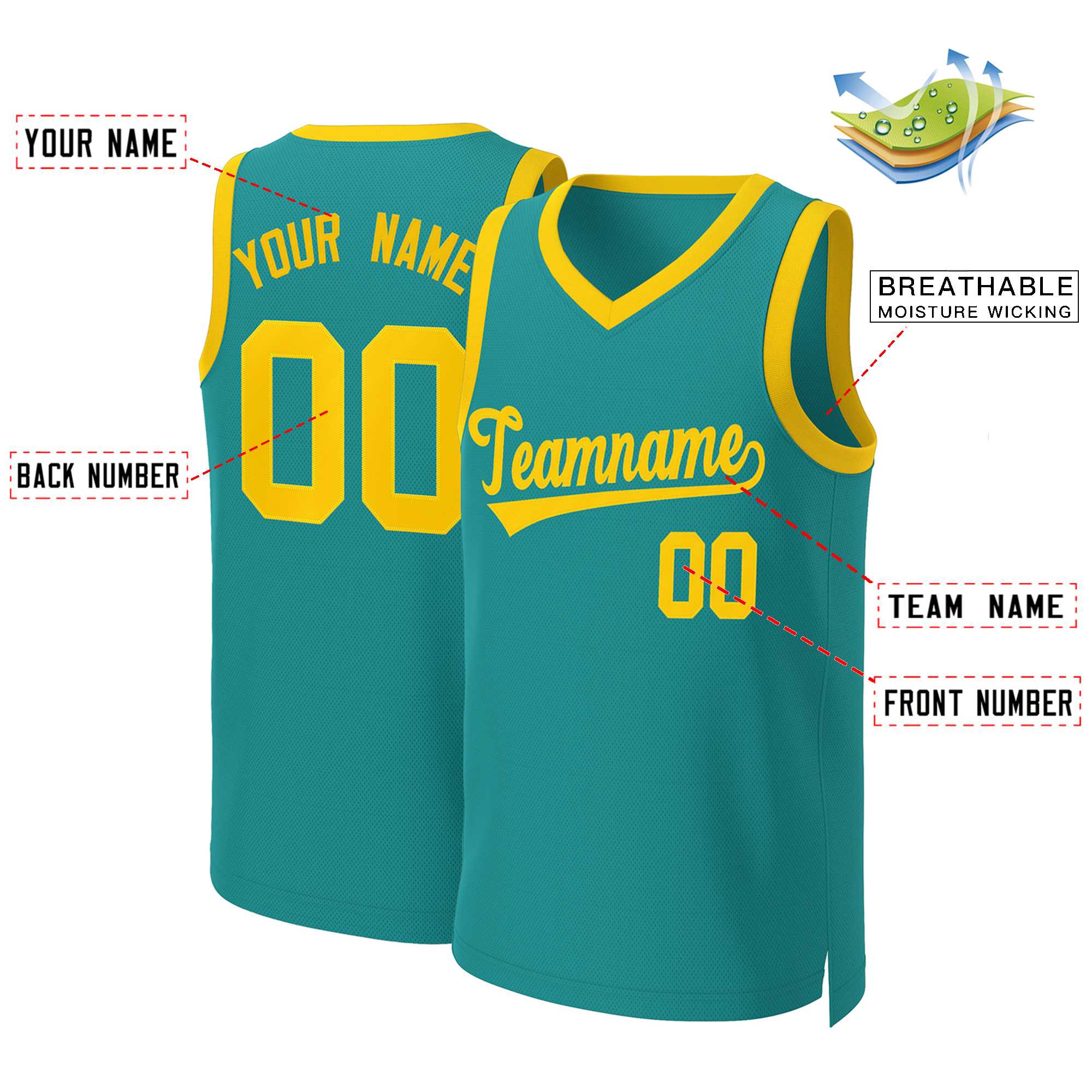 Custom Teal Yellow Classic Tops Basketball Jersey - Image 2
