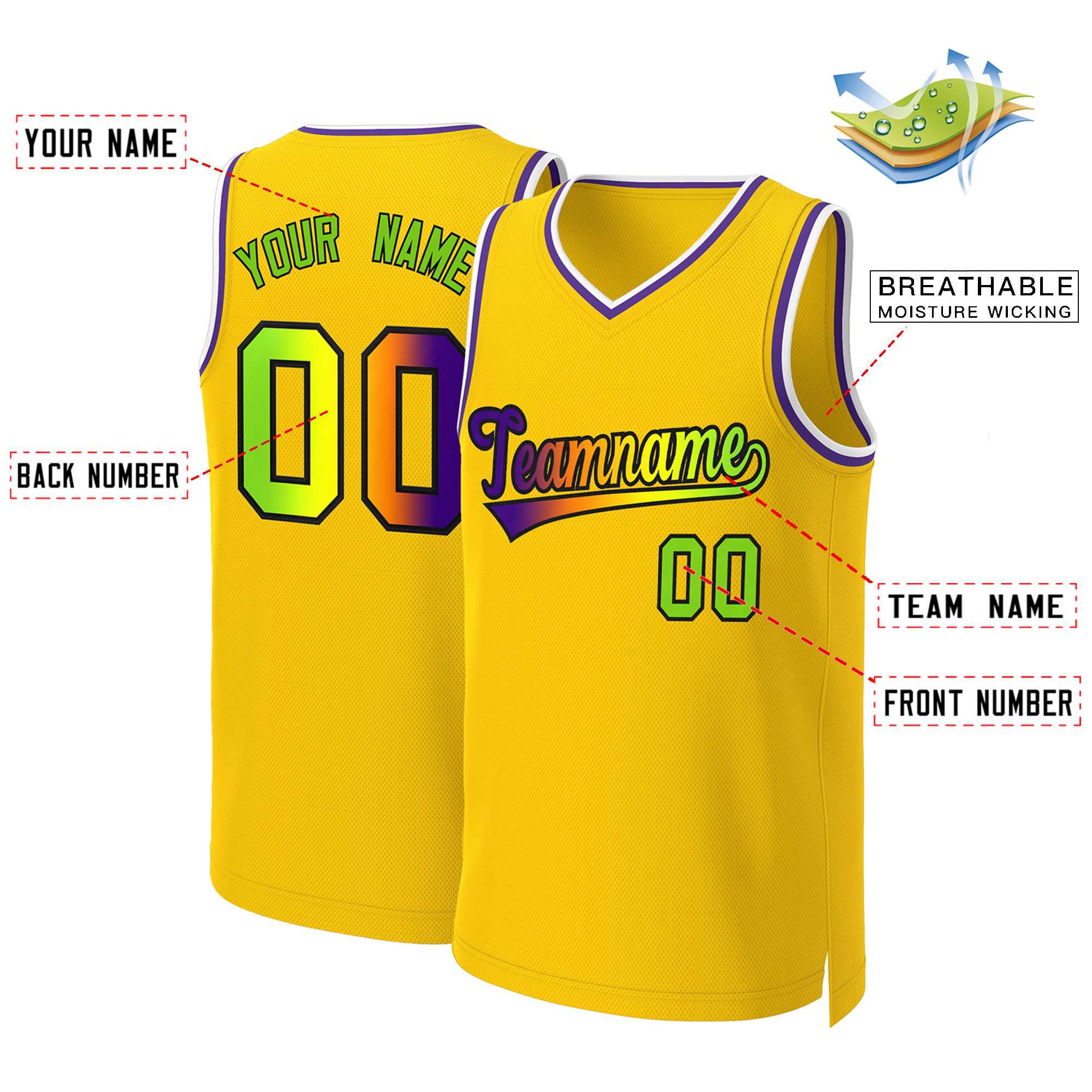 Custom Yellow Purple-Black Classic Gradient Fashion Tops Basketball Jersey - Image 2