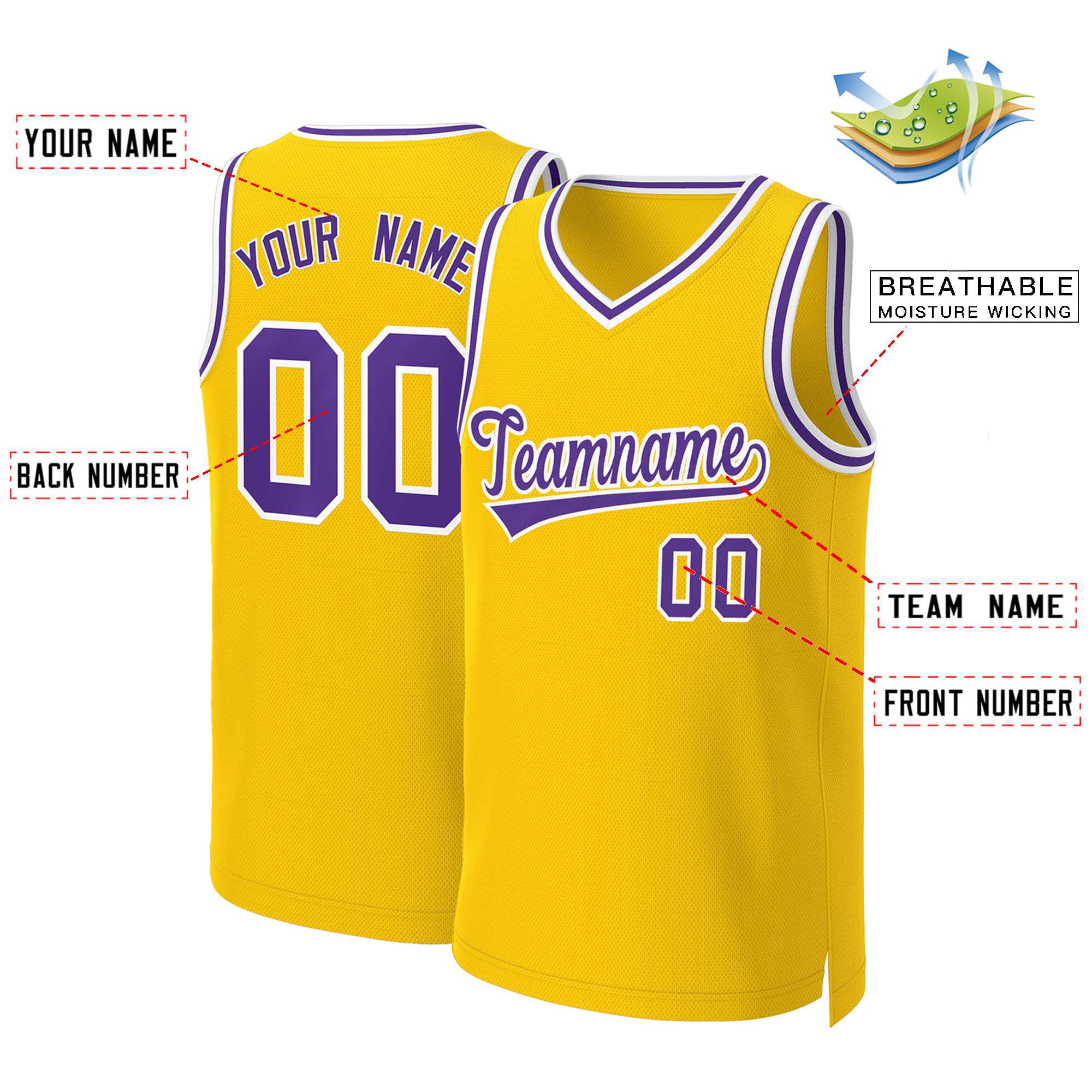Custom Yellow Purple-White Classic Tops Basketball Jersey - Image 2