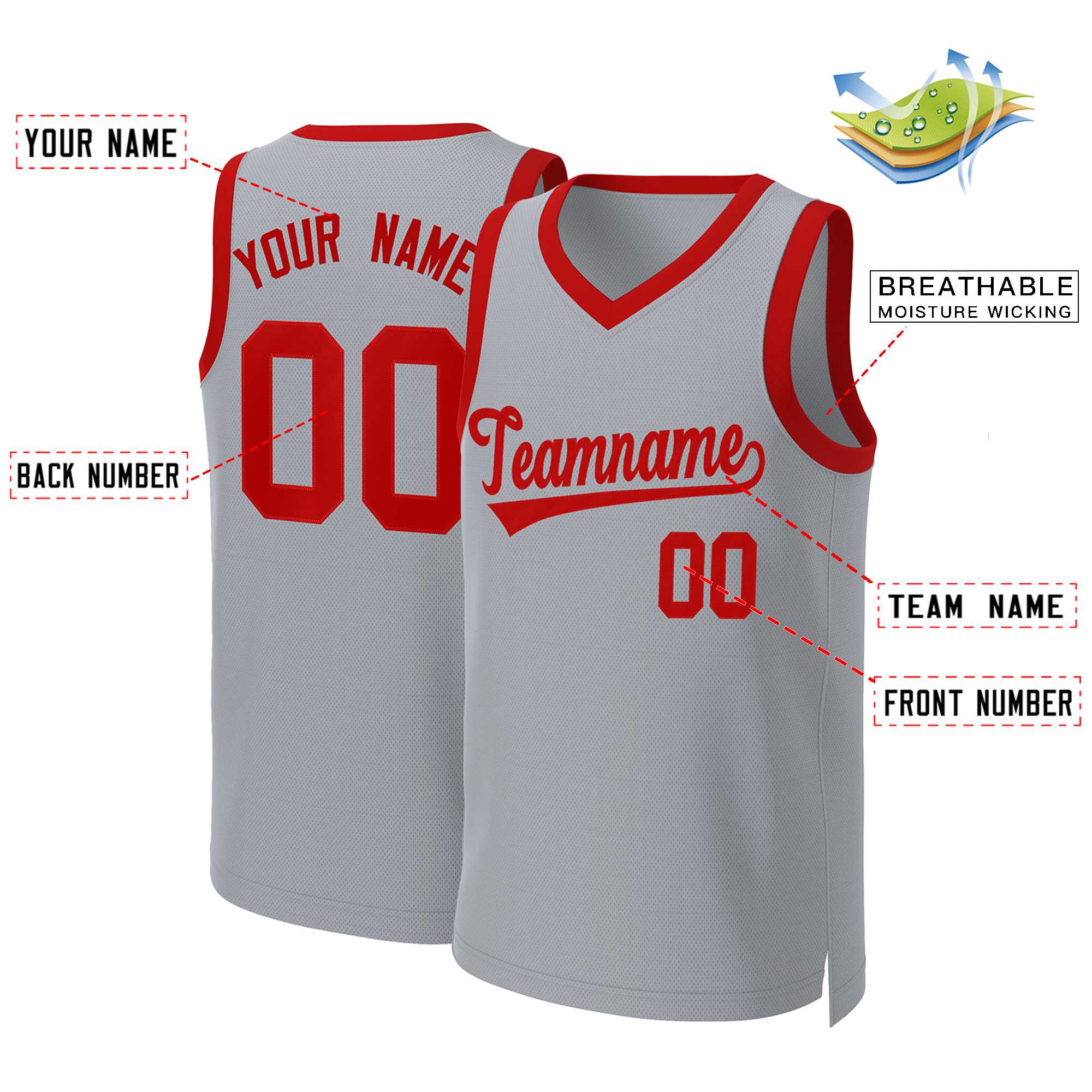 Custom Gray Red Classic Tops Basketball Jersey - Image 2
