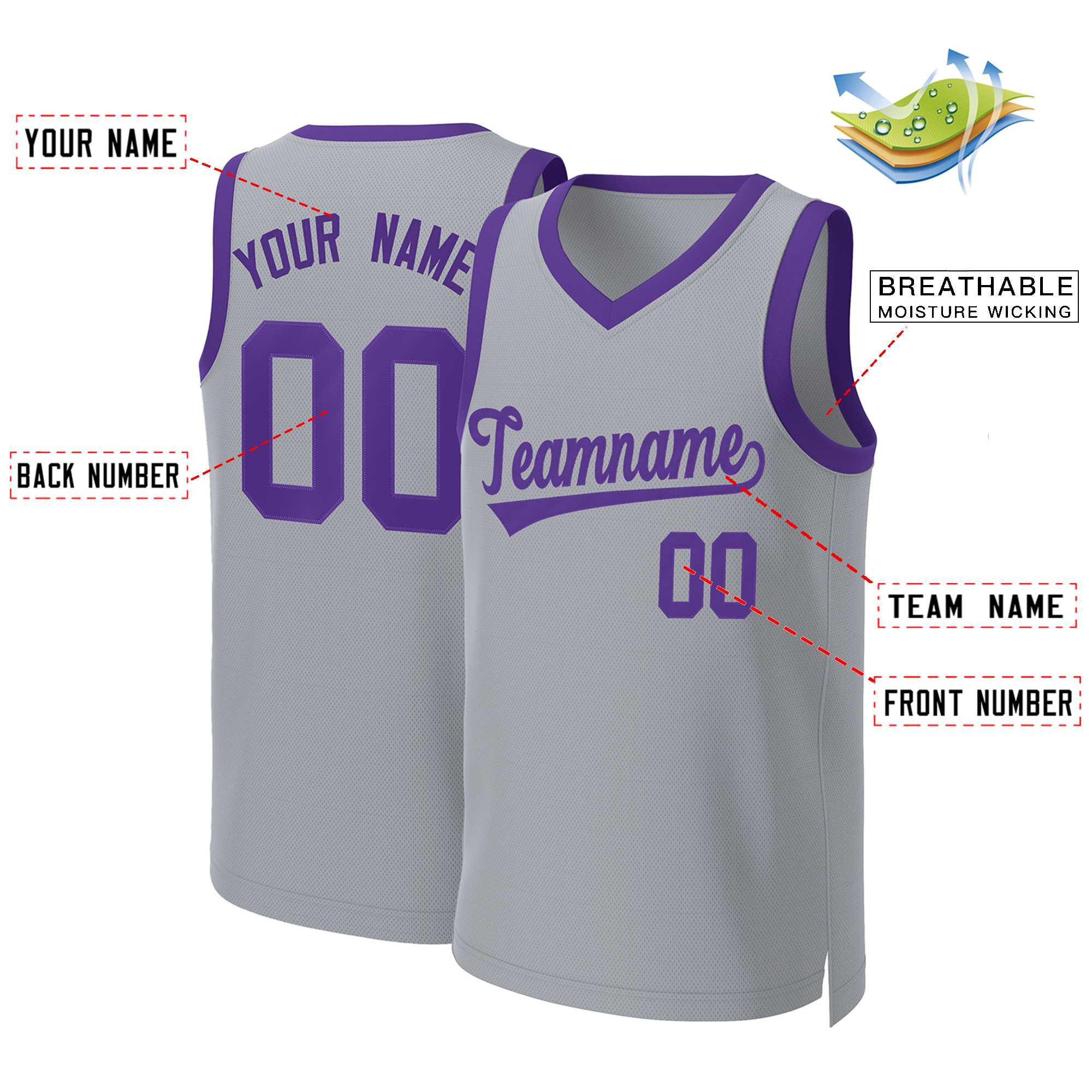 Custom Gray Purple Classic Tops Basketball Jersey - Image 2
