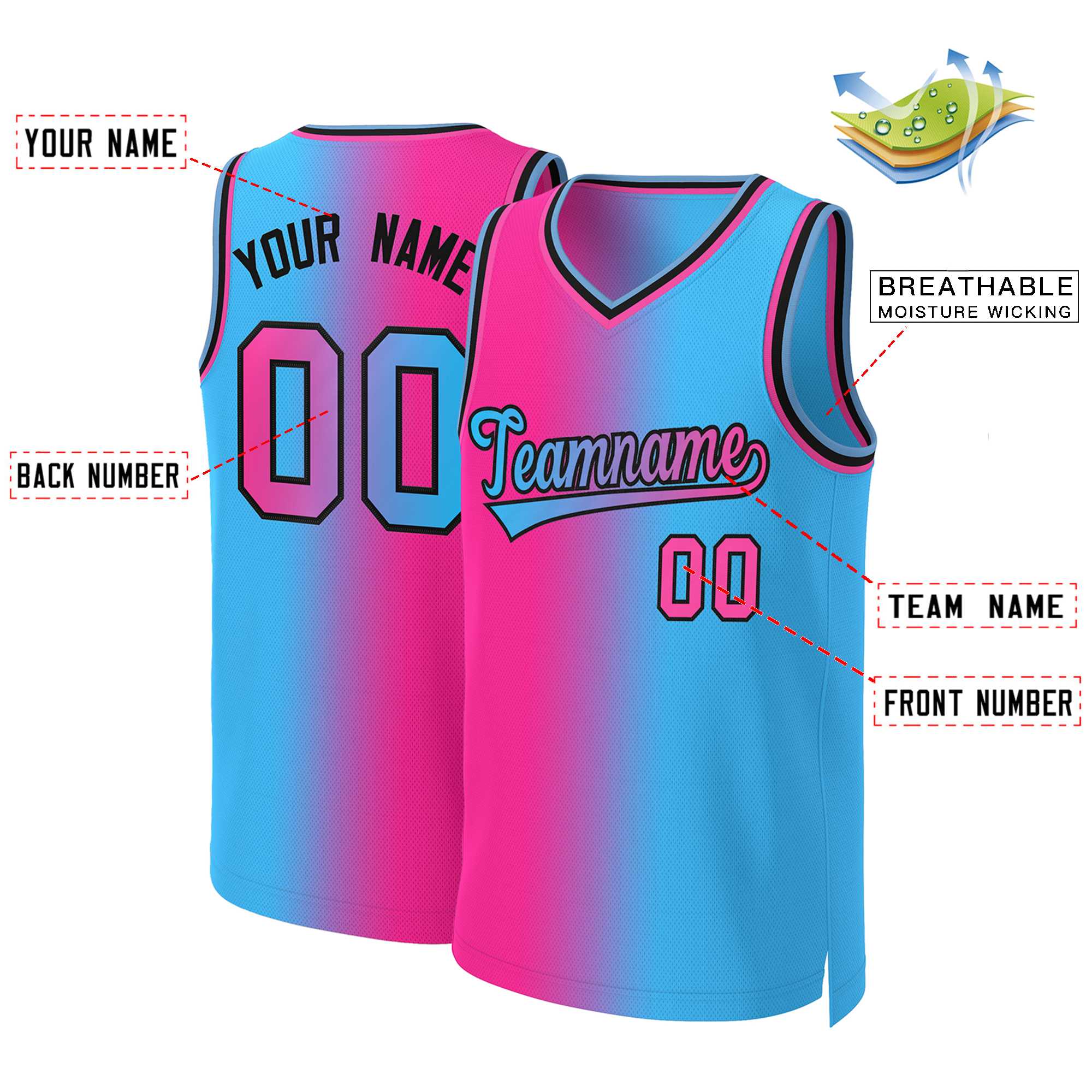 Custom Pink Blue-Black Gradient Fashion Tops Basketball Jersey - Image 2