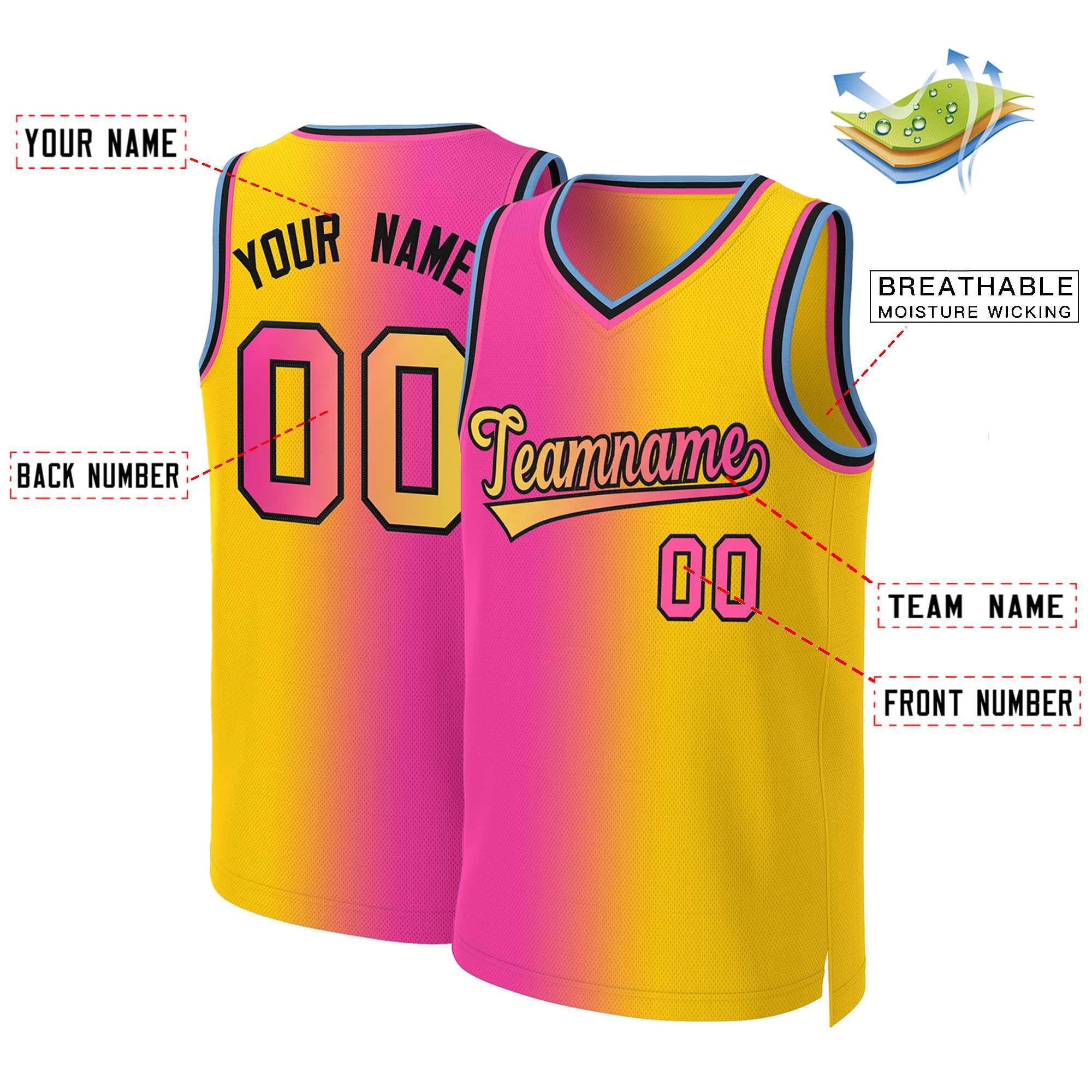 Custom Pink Yellow-Black Gradient Fashion Tops Basketball Jersey - Image 2