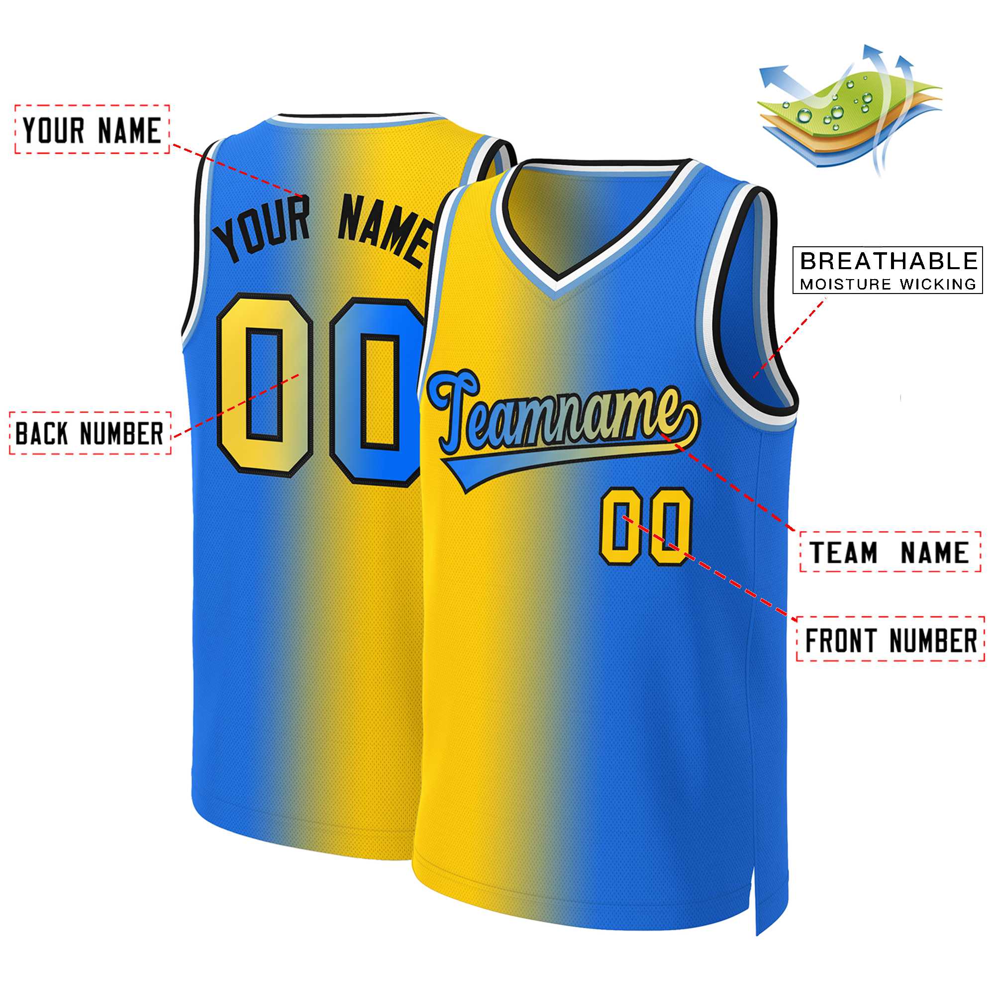 Custom Yellow Blue-Black Gradient Fashion Tops Basketball Jersey - Image 2