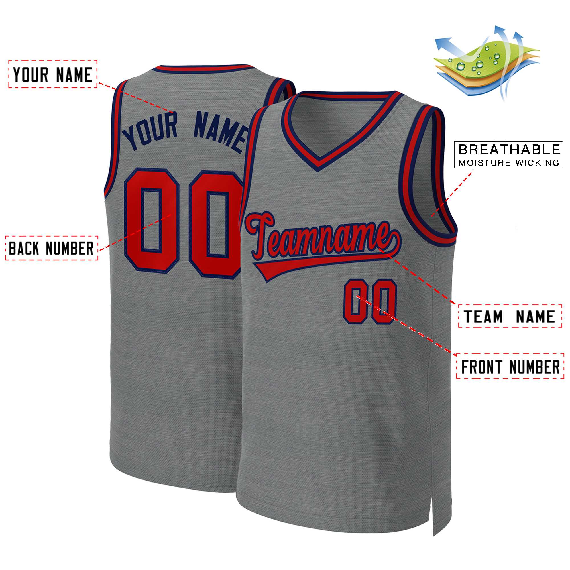 Custom Dark Gray Red-Navy Classic Tops Basketball Jersey - Image 2
